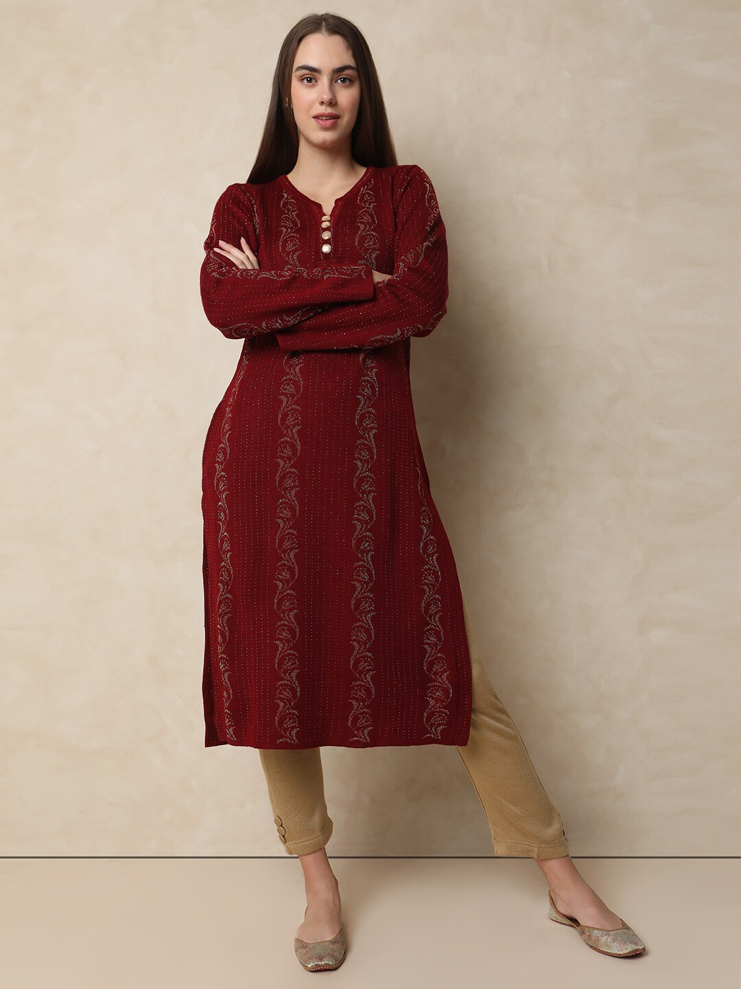 

Indifusion Ethnic Motifs Woven Design Woolen Kurta, Maroon