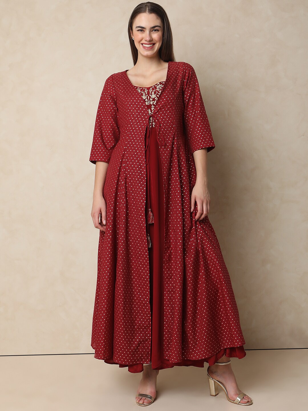 

Indifusion Floral Embroidered Maxi Dress, Red
