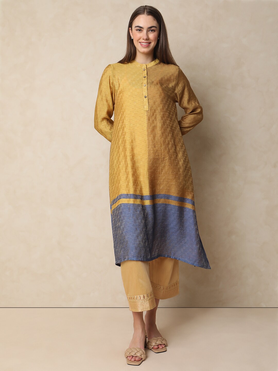 

Indifusion Striped Band Collar Straight Kurta, Mustard