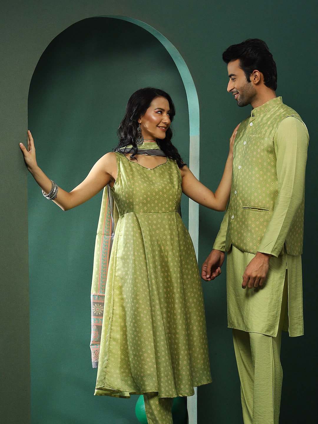 

AKS Bandhani Printed Chanderi Silk Anarkali Kurta With Trousers & Dupatta, Green