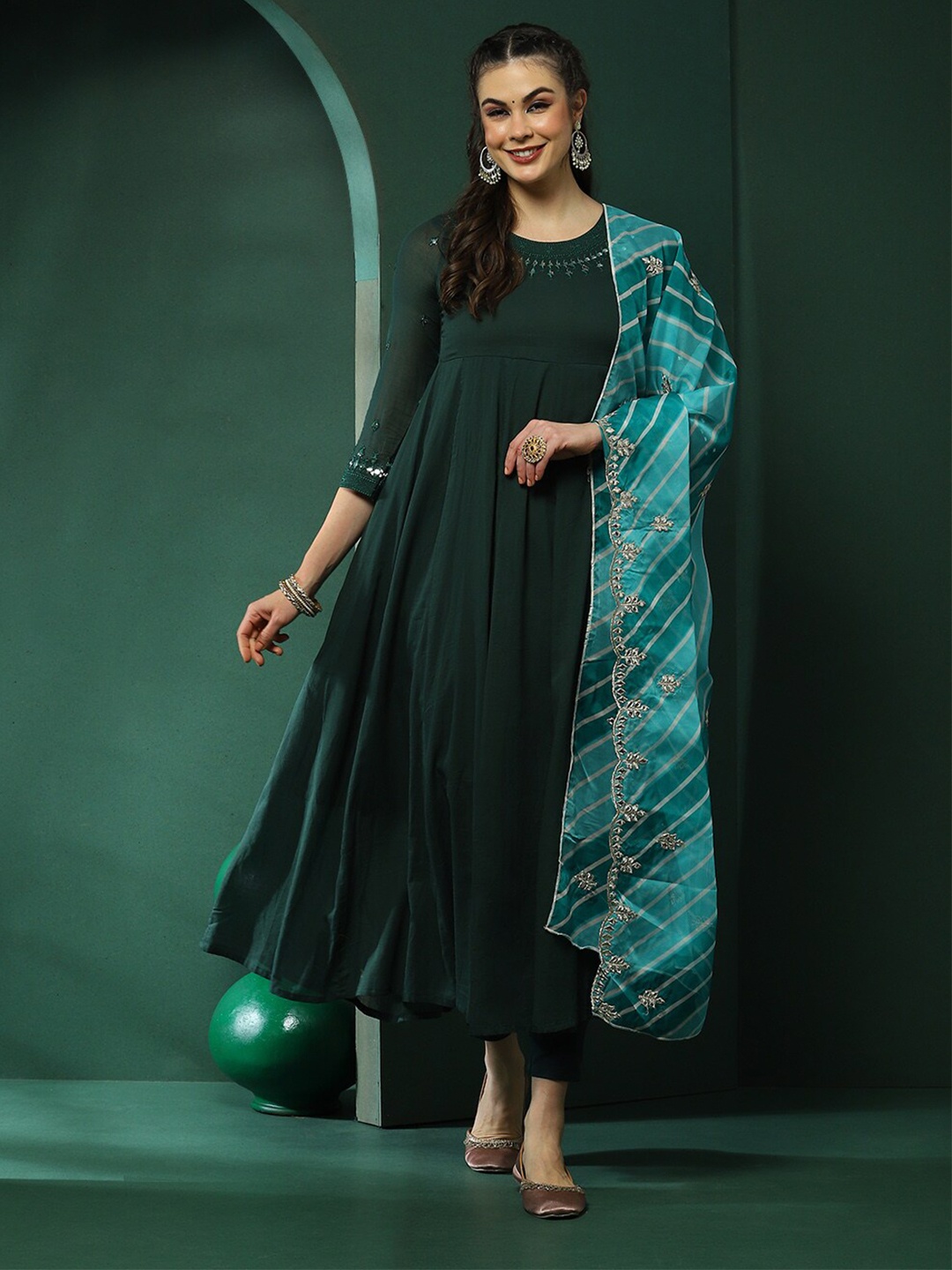 

AKS Ethnic Pure Cotton Anarkali Kurta With Trousers & Dupatta, Green
