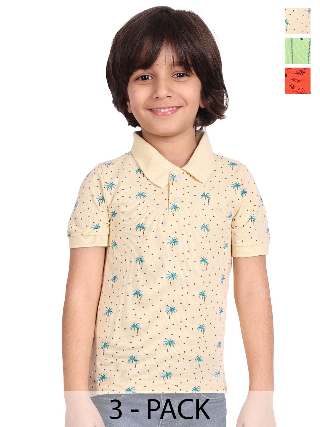 

BAESD Boys Pack Of 3 Conversational Printed Polo Collar Cotton T-shirts, Beige
