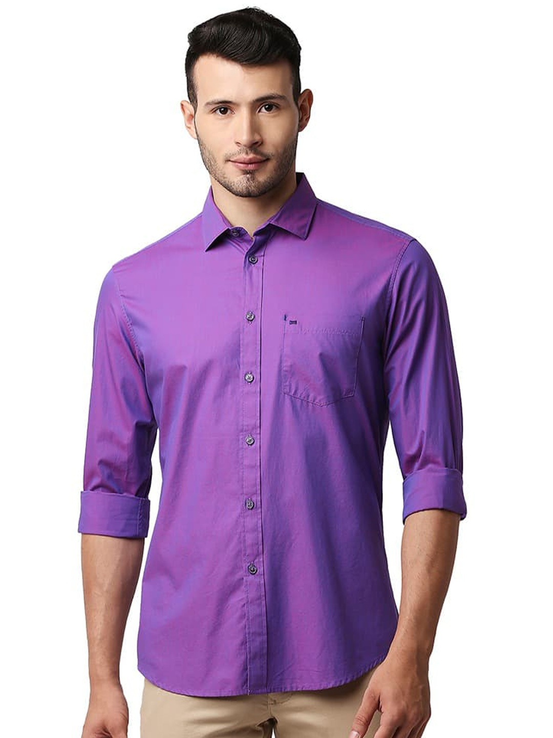 

Basics Spread Collar Long Sleeves Slim Fit Opaque Casual Shirt, Purple