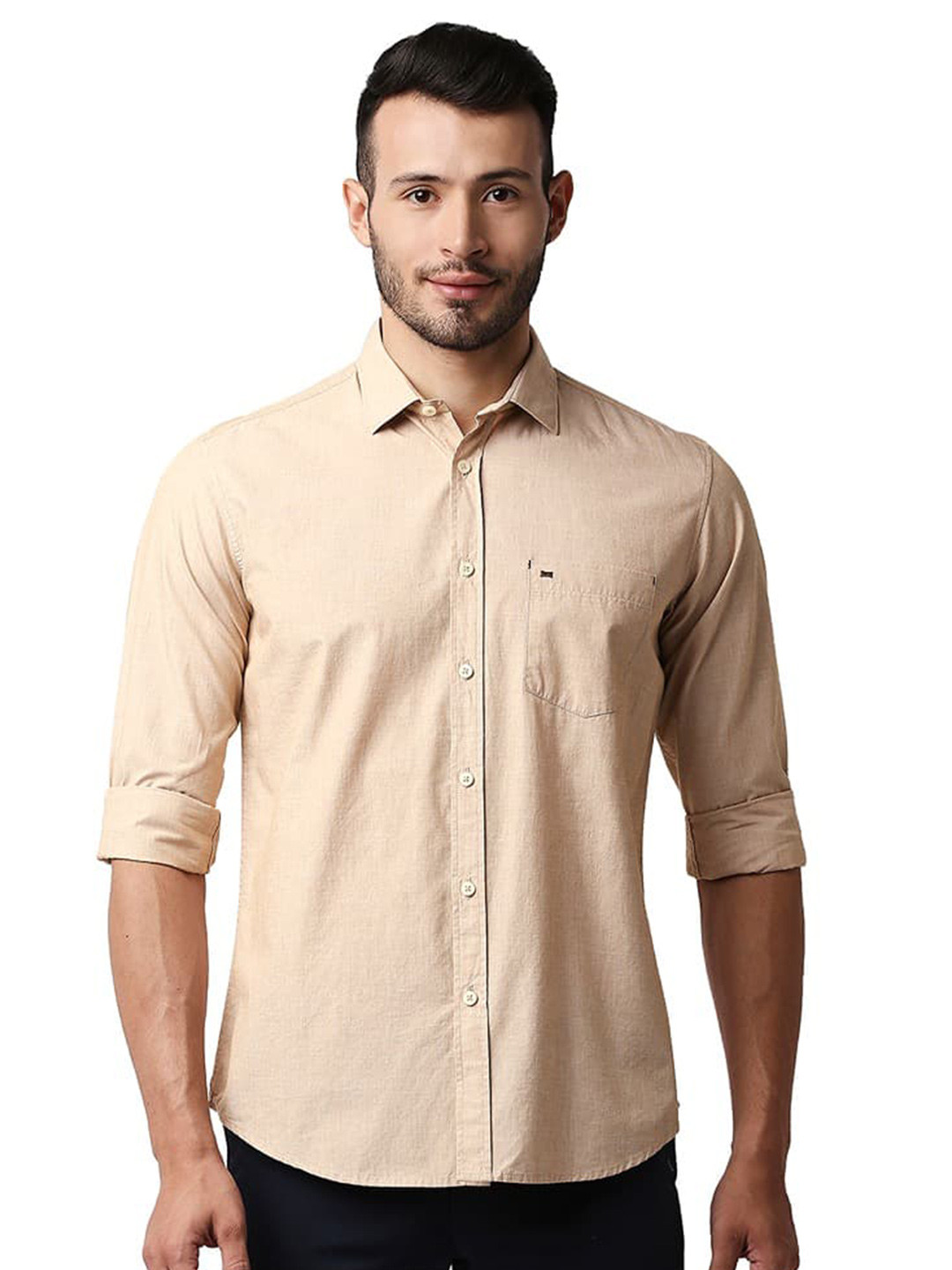 

Basics Slim Fit Spread Collar Long Sleeves Cotton Casual Shirt, Beige