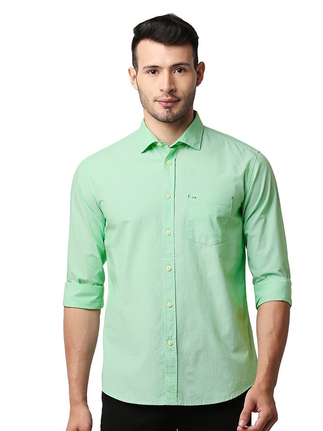 

Basics Slim Fit Spread Collar Opaque Cotton Casual Shirt, Green