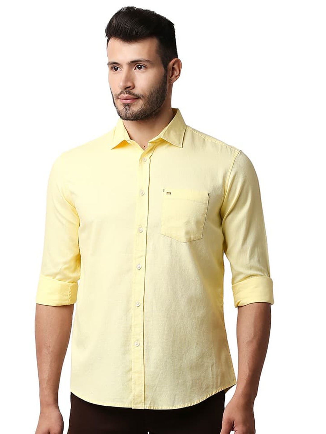 

Basics Spread Collar Long Sleeves Cotton Slim Fit Casual Shirt, Yellow