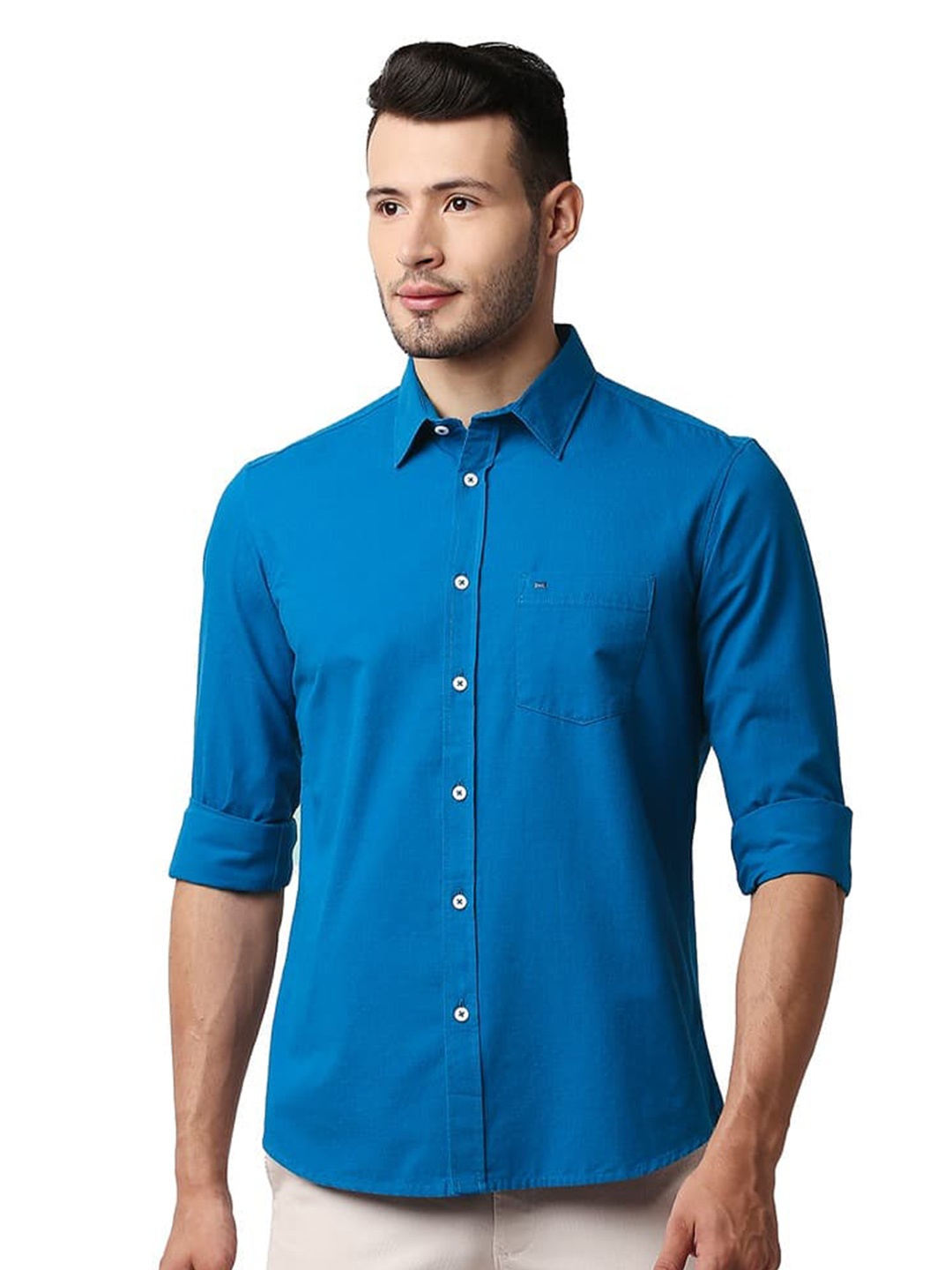 

Basics Spread Collar Blue Slim Fit Opaque Casual Shirt