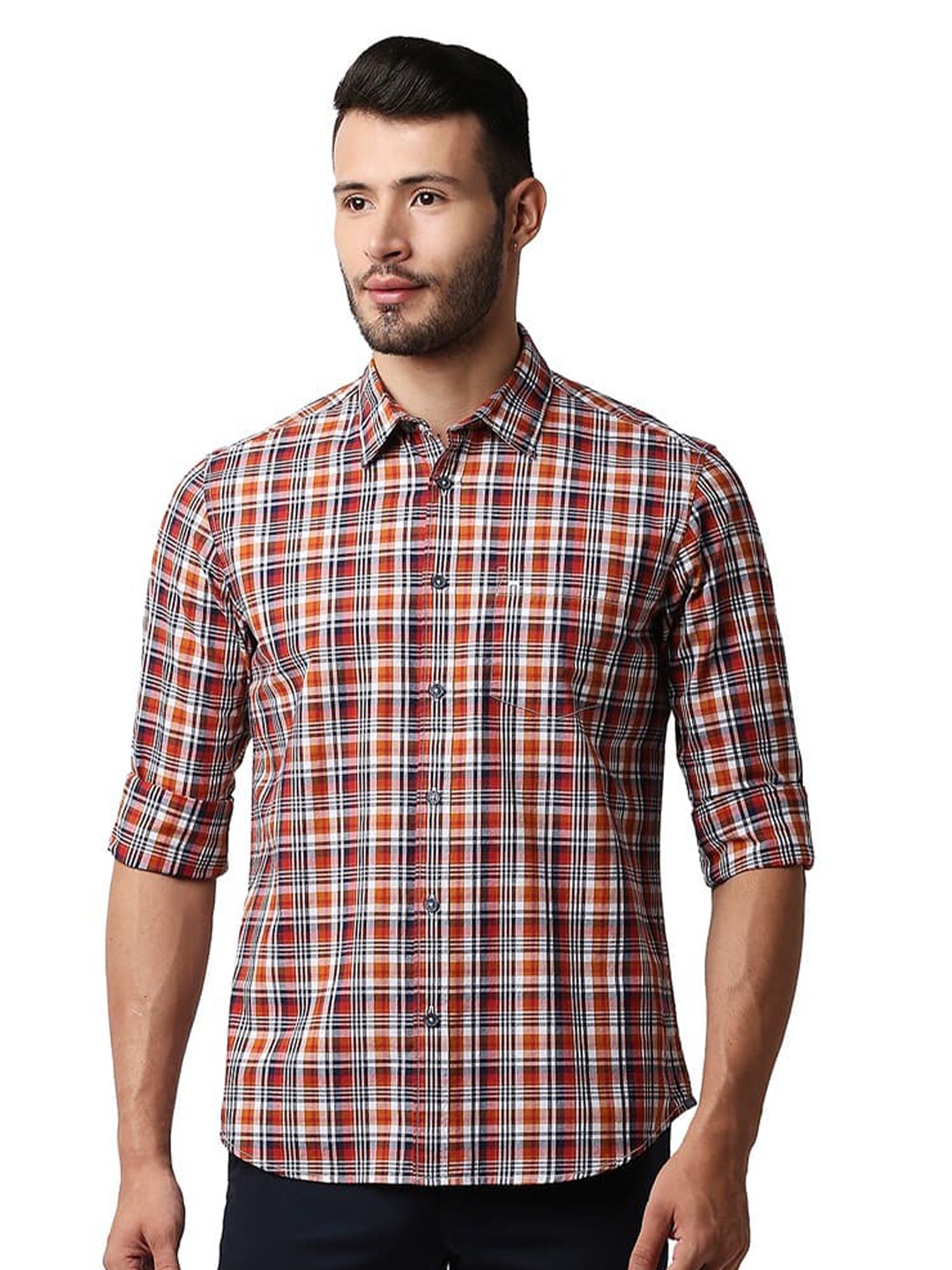 

Basics Slim Fit Tartan Checks Opaque Cotton Casual Shirt, Orange