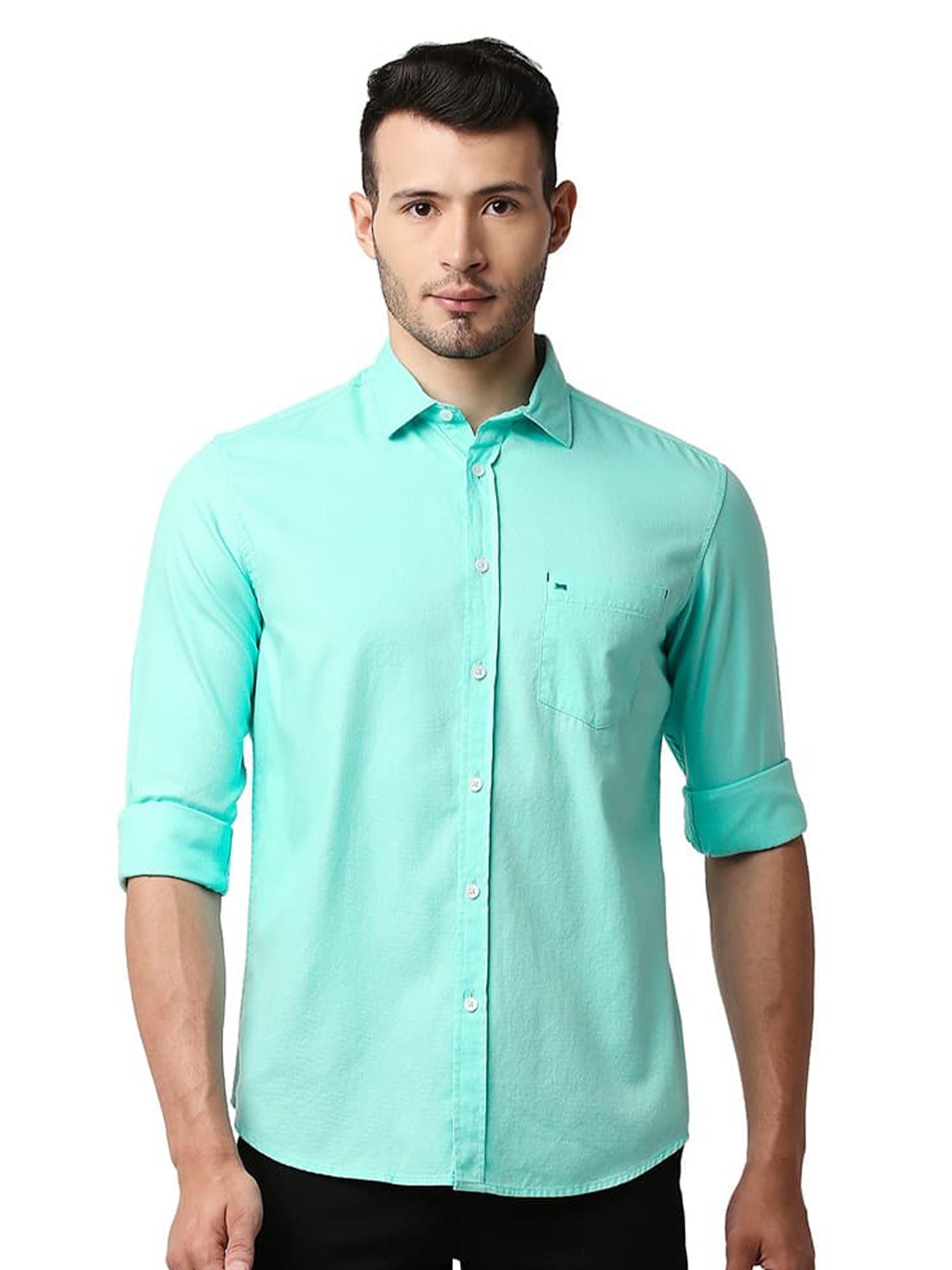 

Basics Spread Collar Long Sleeves Cotton Slim Fit Casual Shirt, Green