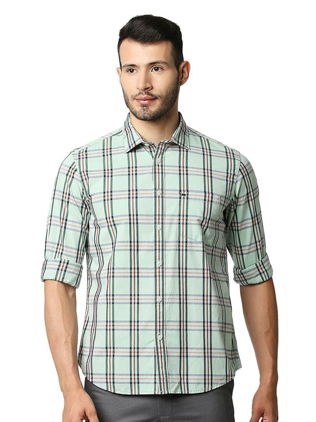 

Basics Slim Fit Tartan Checks Spread Collar Long Sleeves Cotton Casual Shirt, Green