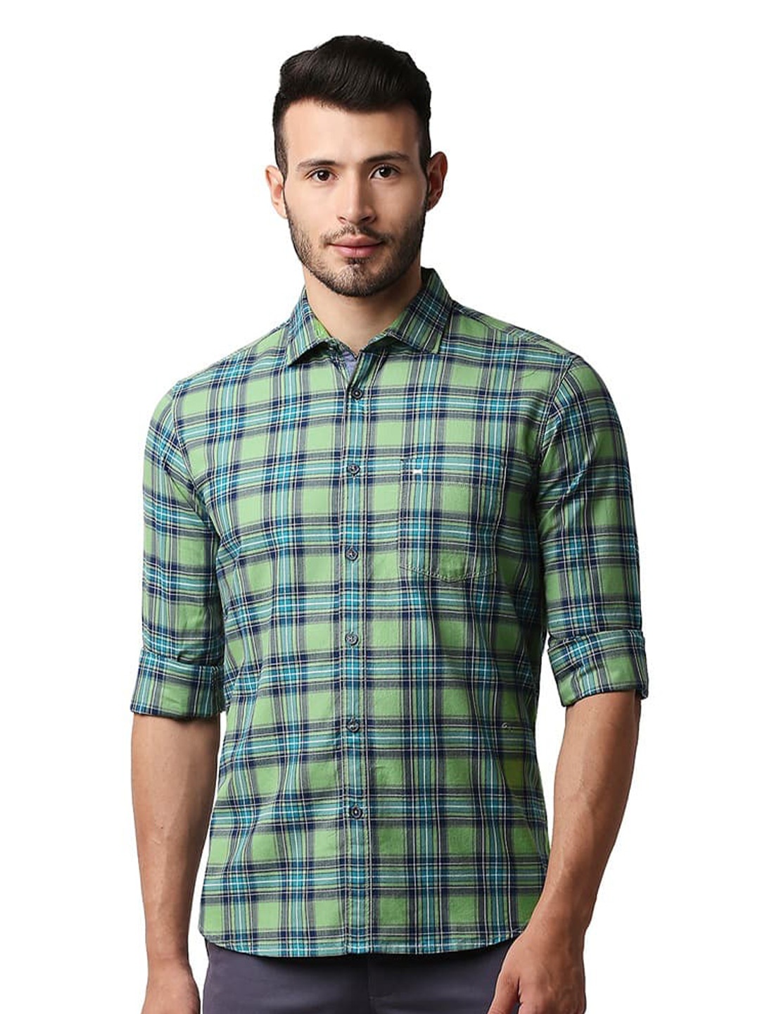 

Basics Slim Fit Herring Bone Twill Checks Cotton Casual Shirt, Green