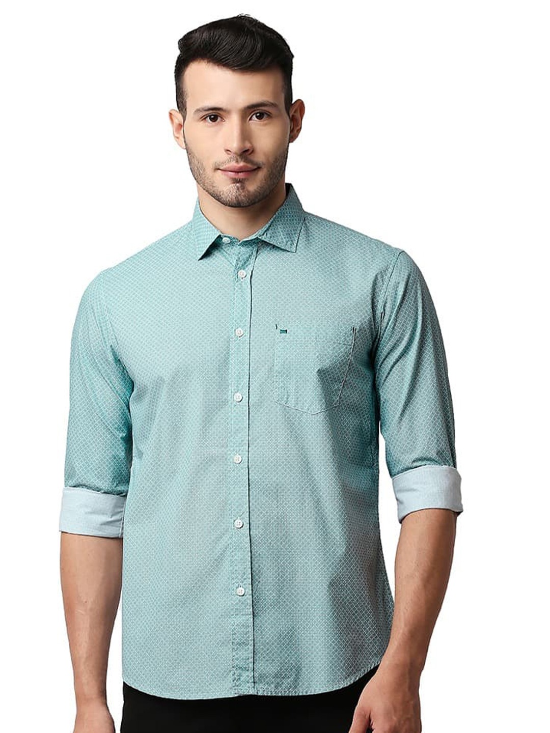 

Basics Slim Fit Spread Collar Opaque Cotton Casual Shirt, Teal