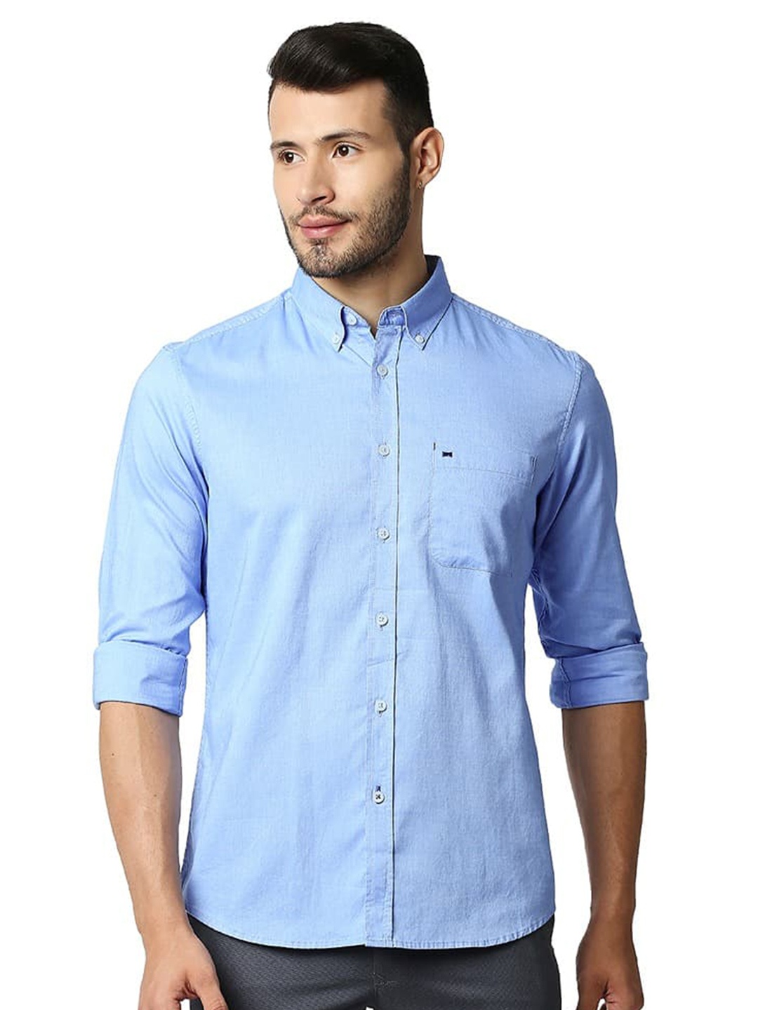 

Basics Slim Fit Spread Collar Long Sleeves Cotton Casual Shirt, Blue