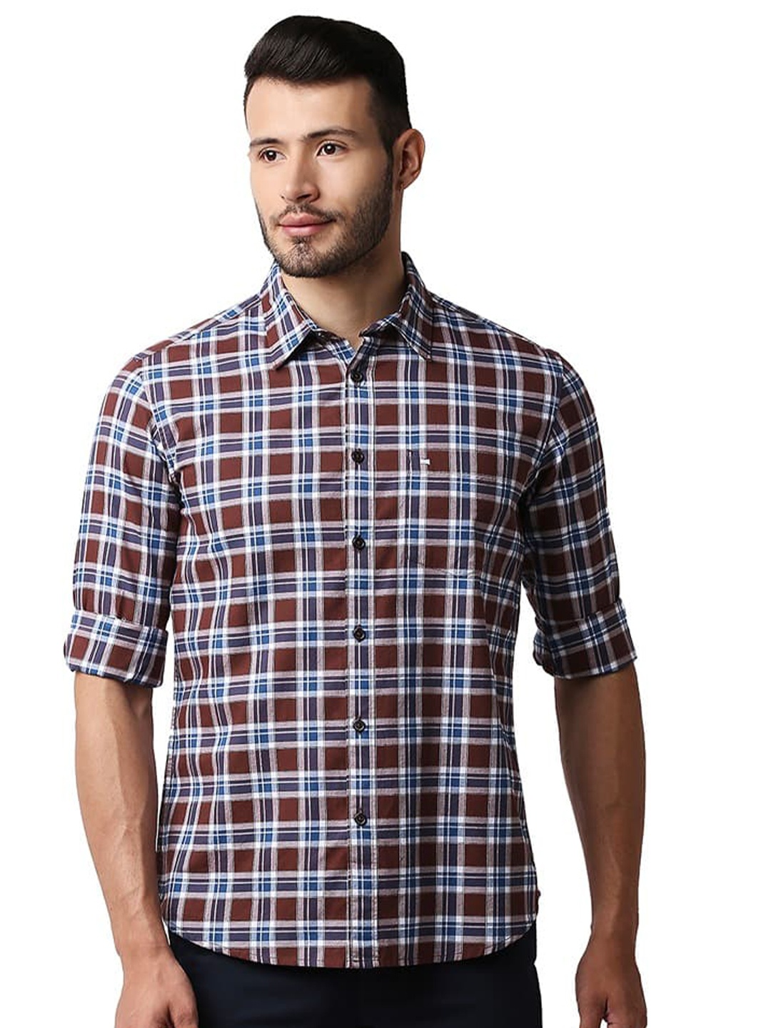 

Basics Spread Collar Slim Fit Tartan Checks Opaque Checked Casual Shirt, Brown