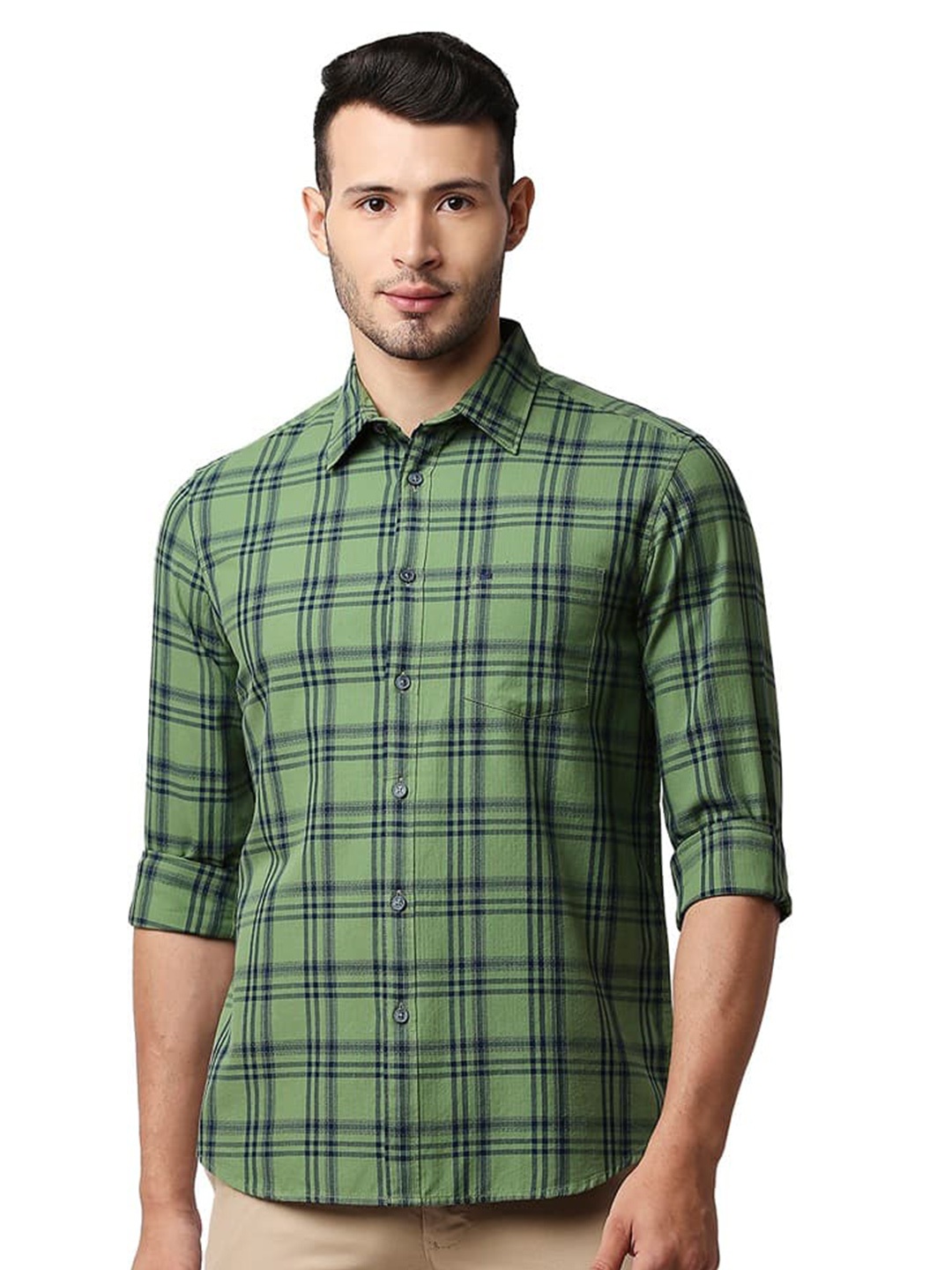

Basics Tartan Checks Spread Collar Long Sleeves Cotton Slim Fit Casual Shirt, Green