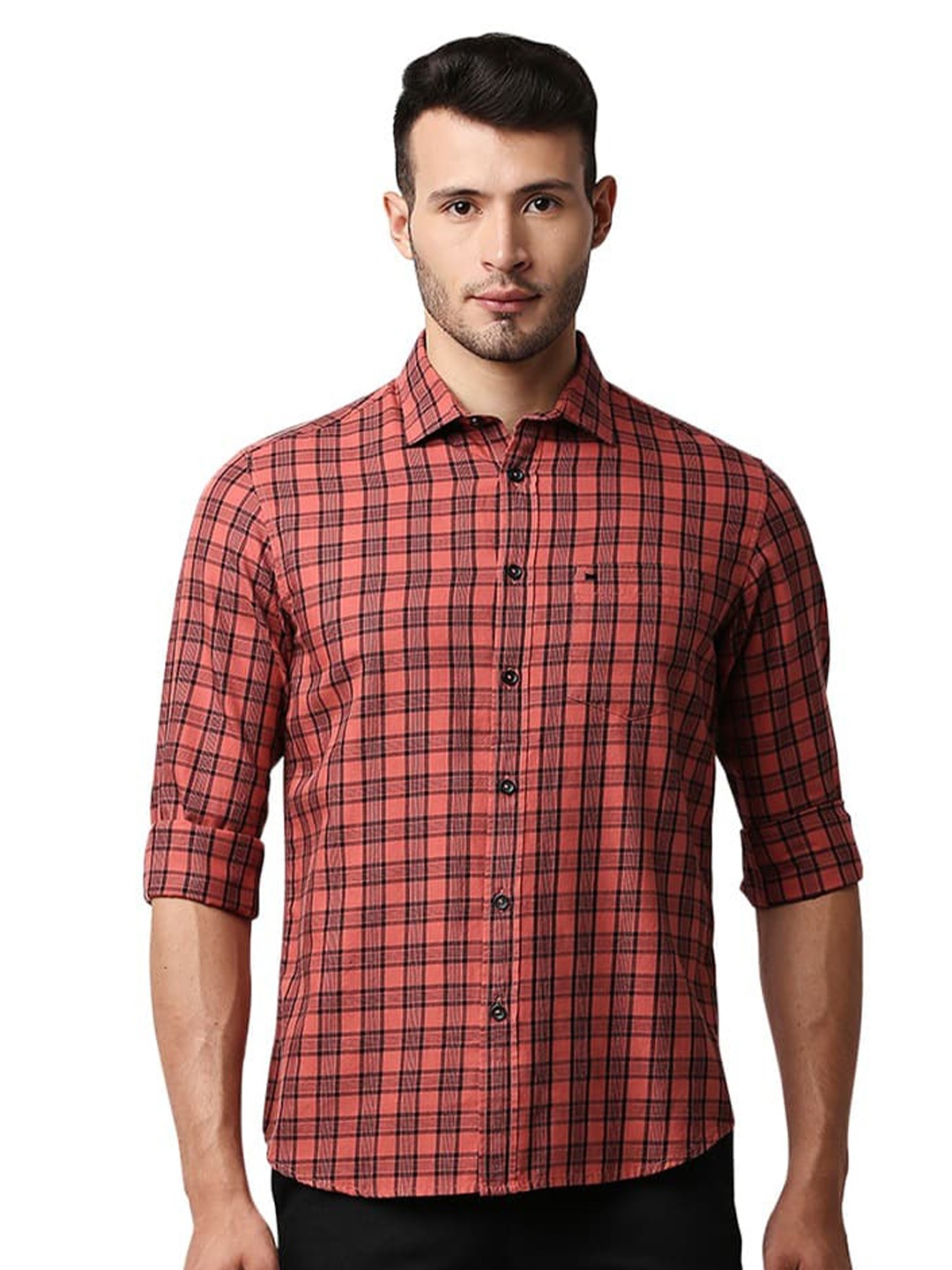 

Basics Other Checks Cotton Spread Collar Slim Fit Checked Casual Shirt, Red