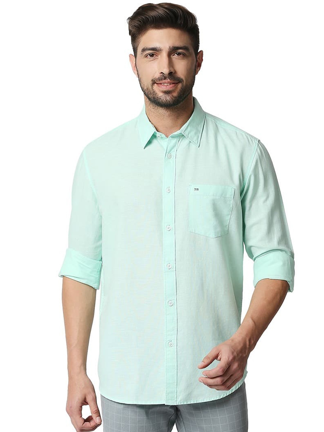 

Basics Slim Fit Opaque Cotton Casual Hemp Shirt, Green