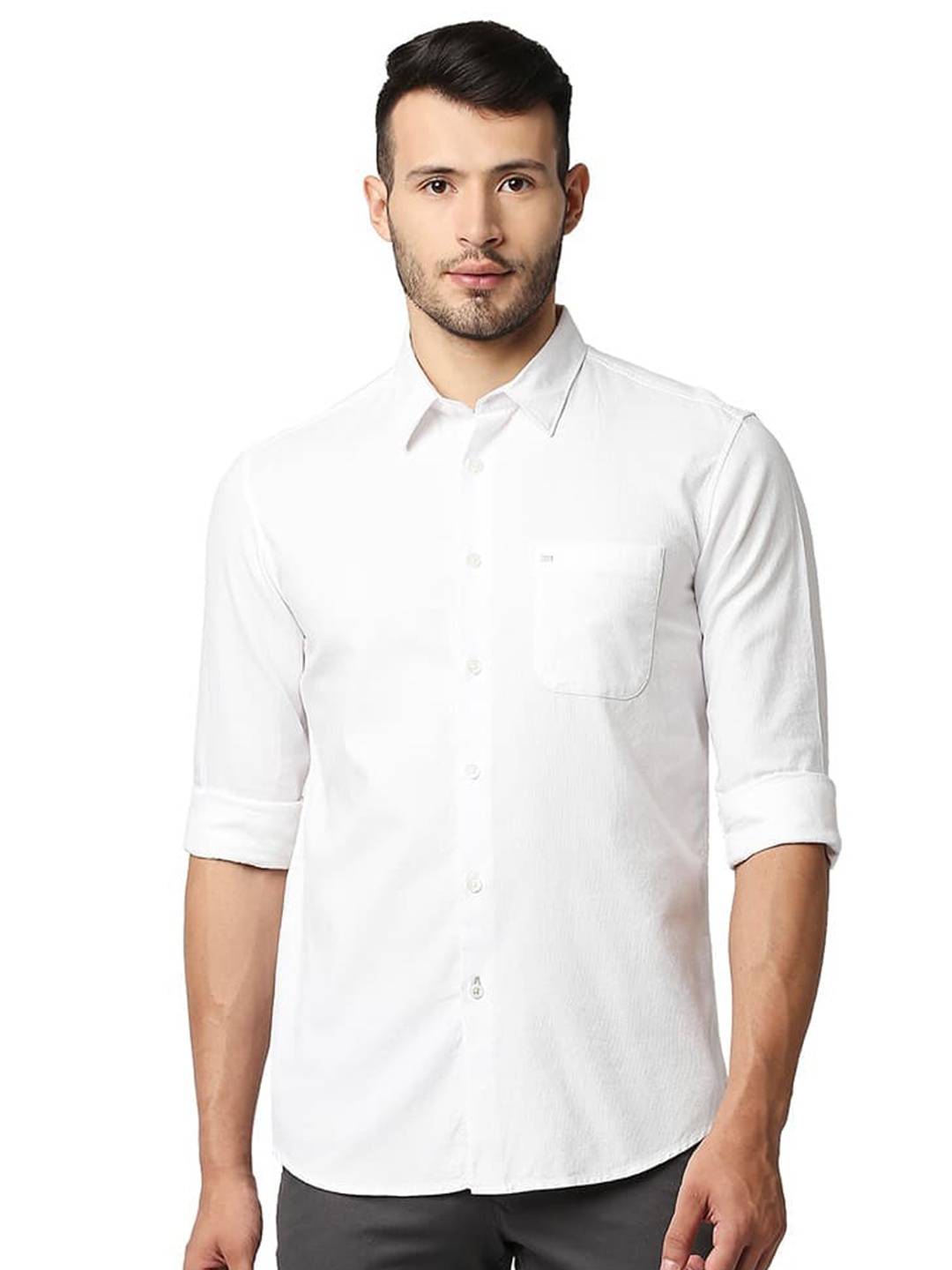 

Basics Spread Collar Long Sleeves Cotton Slim Fit Casual Shirt, White