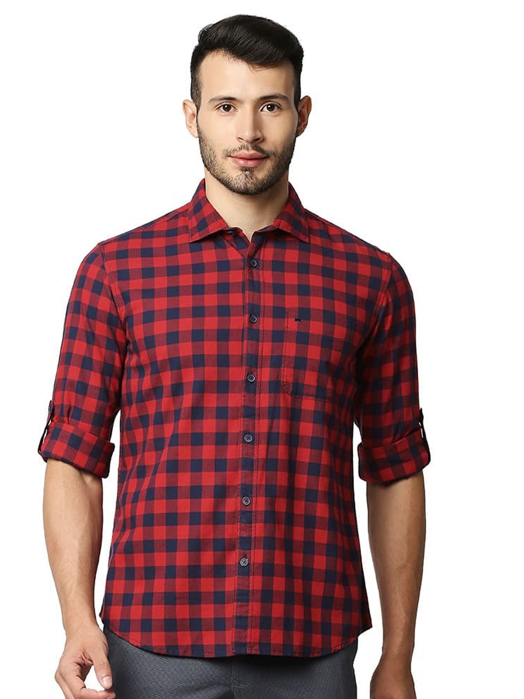 

Basics Slim Fit Buffalo Checked Spread Collar Long Sleeves Cotton Casual Shirt, Red