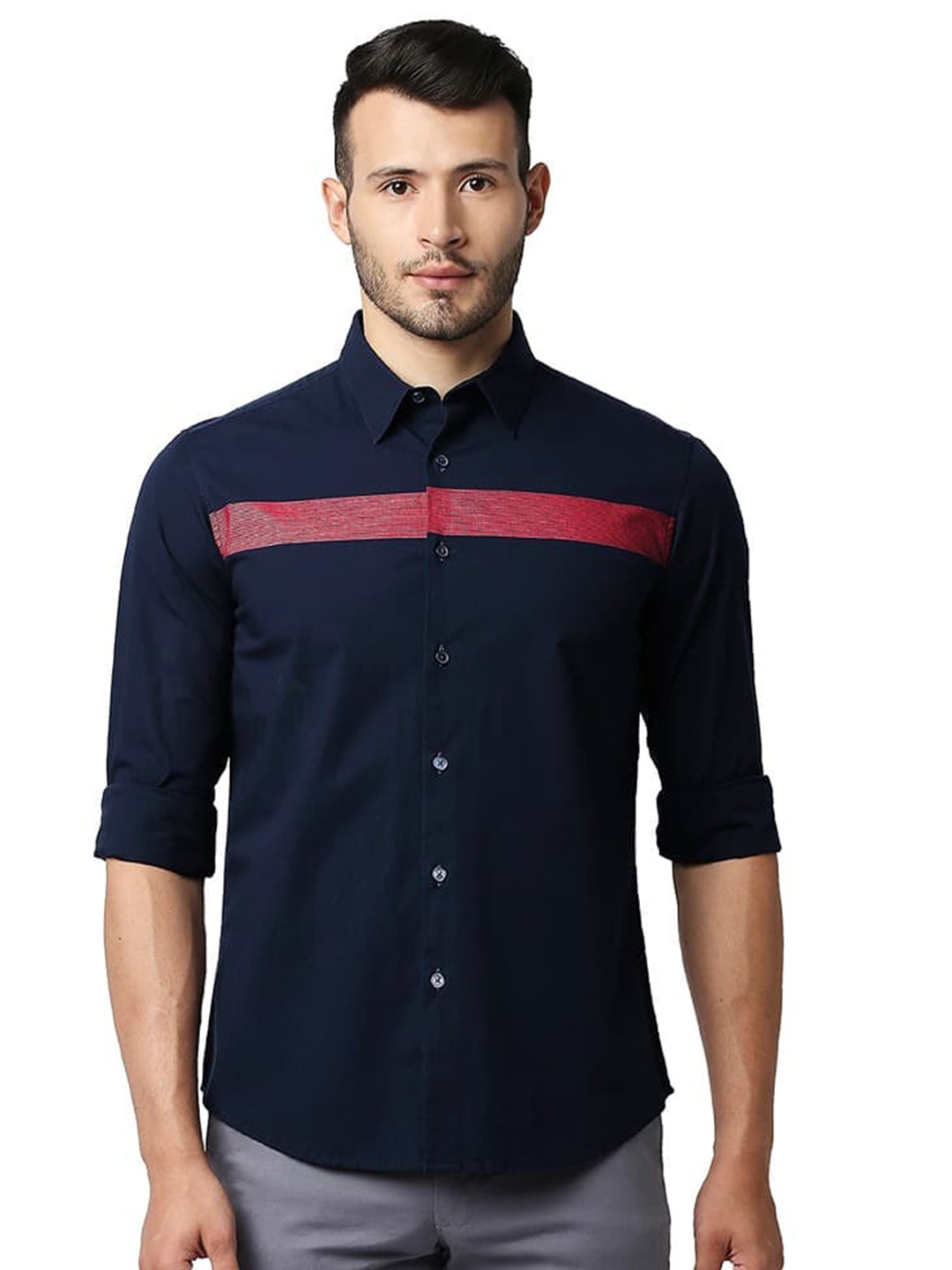 

Basics Slim Fit Opaque Cotton Casual Stretch Stripe Shirt, Blue