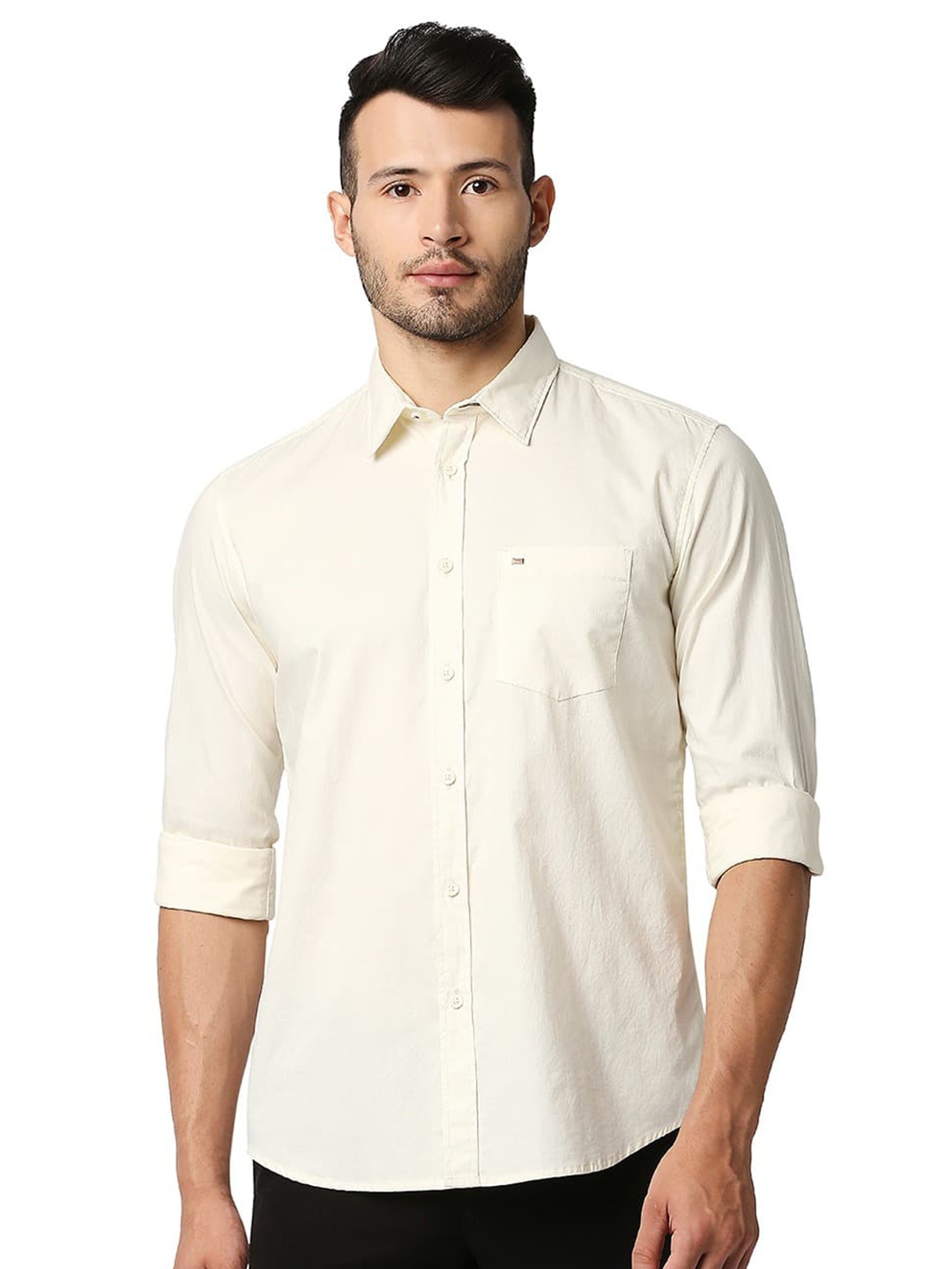 

Basics Spread Collar Long Sleeves Cotton Slim Fit Casual Shirt, Yellow