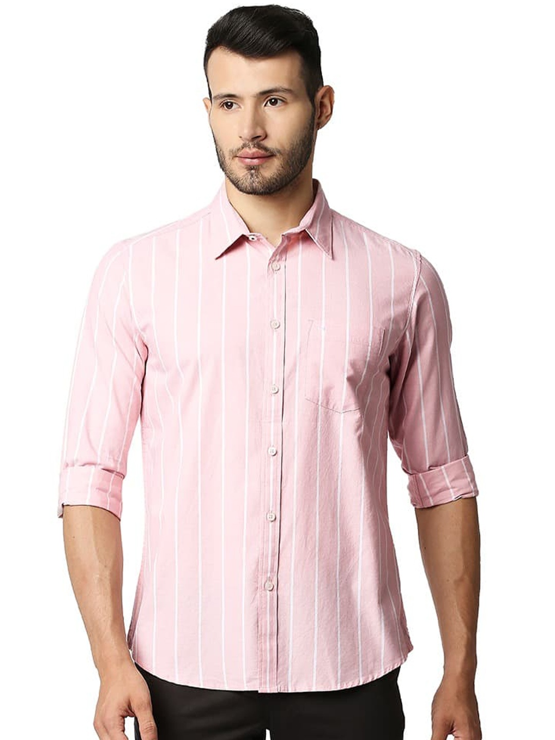 

Basics Striped Cotton Spread Collar Casual Shirt, Pink