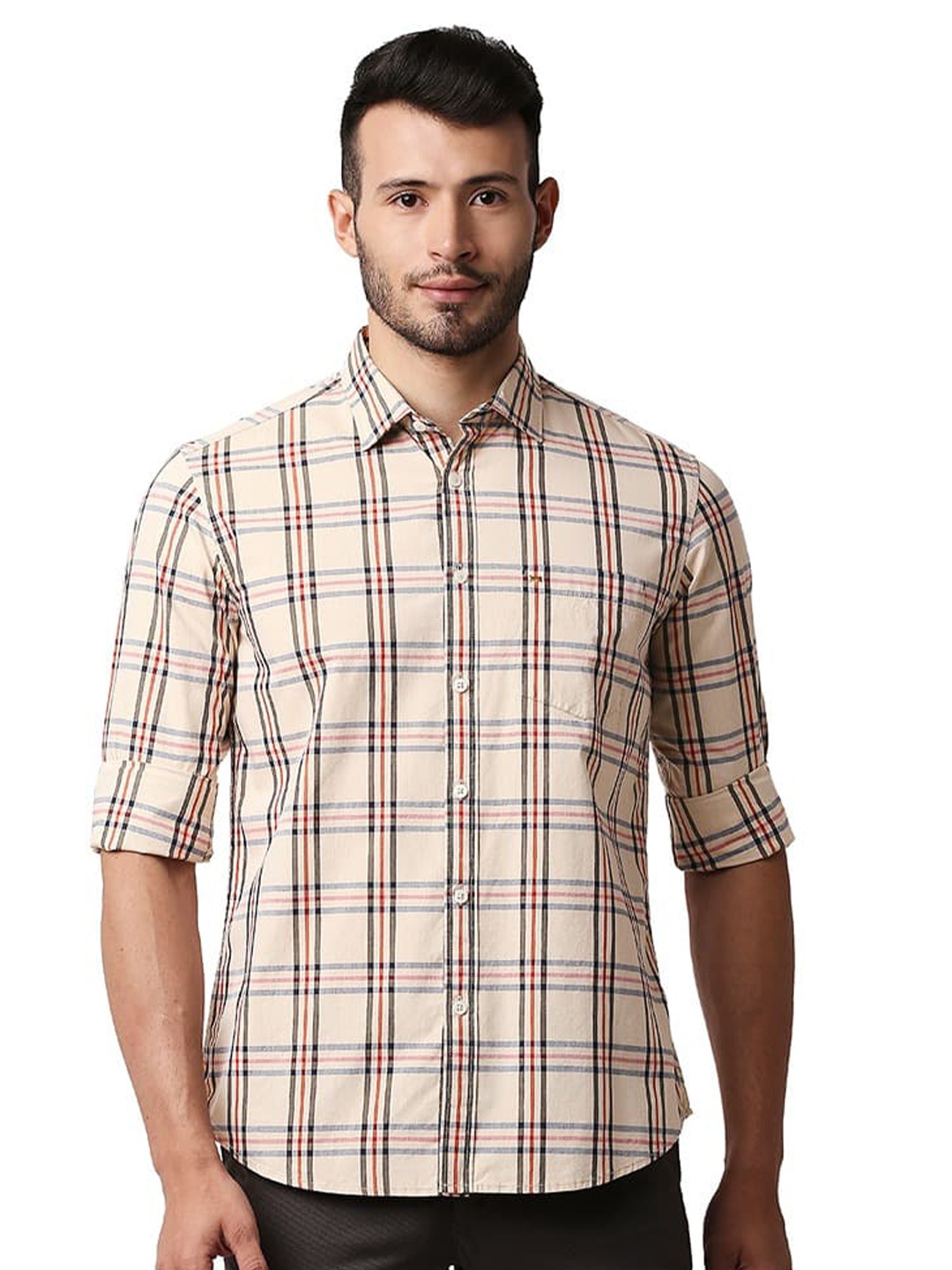 

Basics Spread Collar Slim Fit Tartan Checks Opaque Checked Casual Shirt, Beige