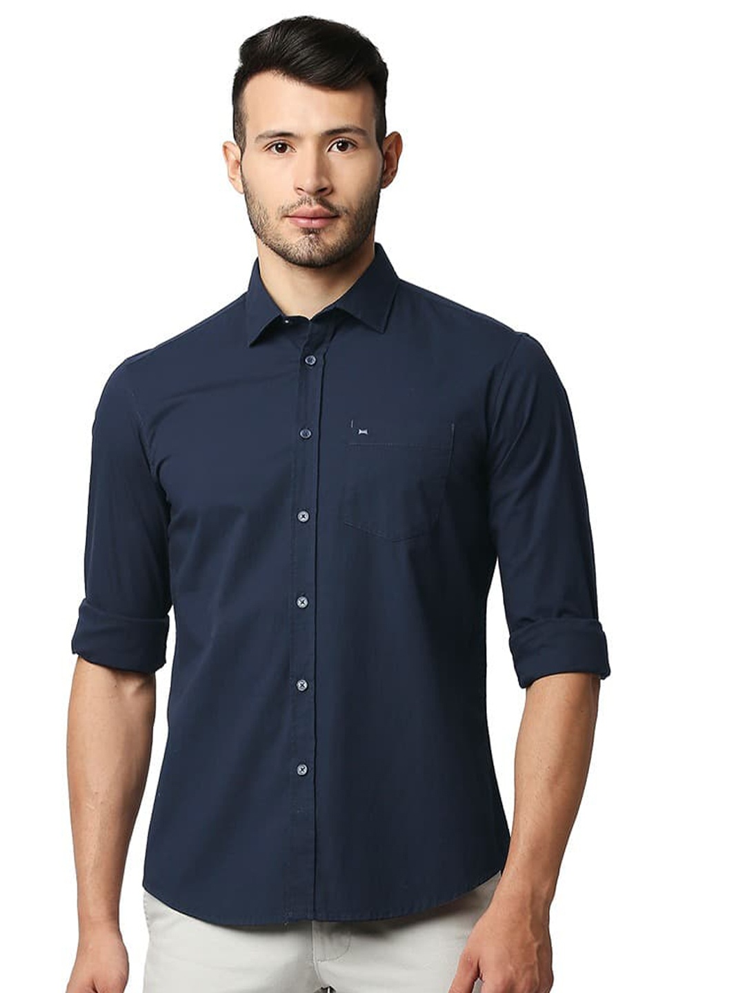

Basics Slim Fit Opaque Cotton Casual Stretch Shirt, Blue