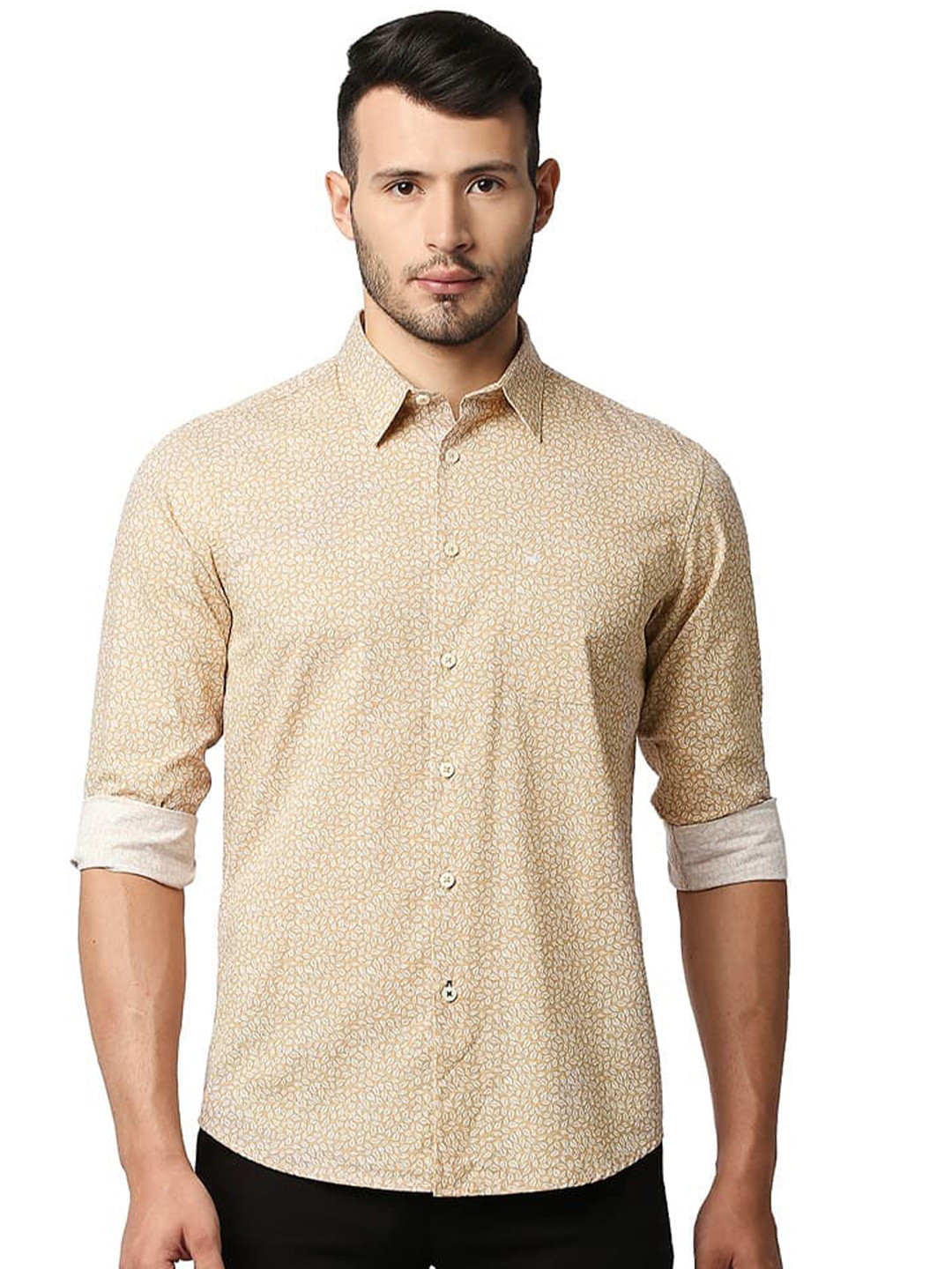 

Basics Slim Fit Floral Opaque Printed Cotton Casual Shirt, Beige