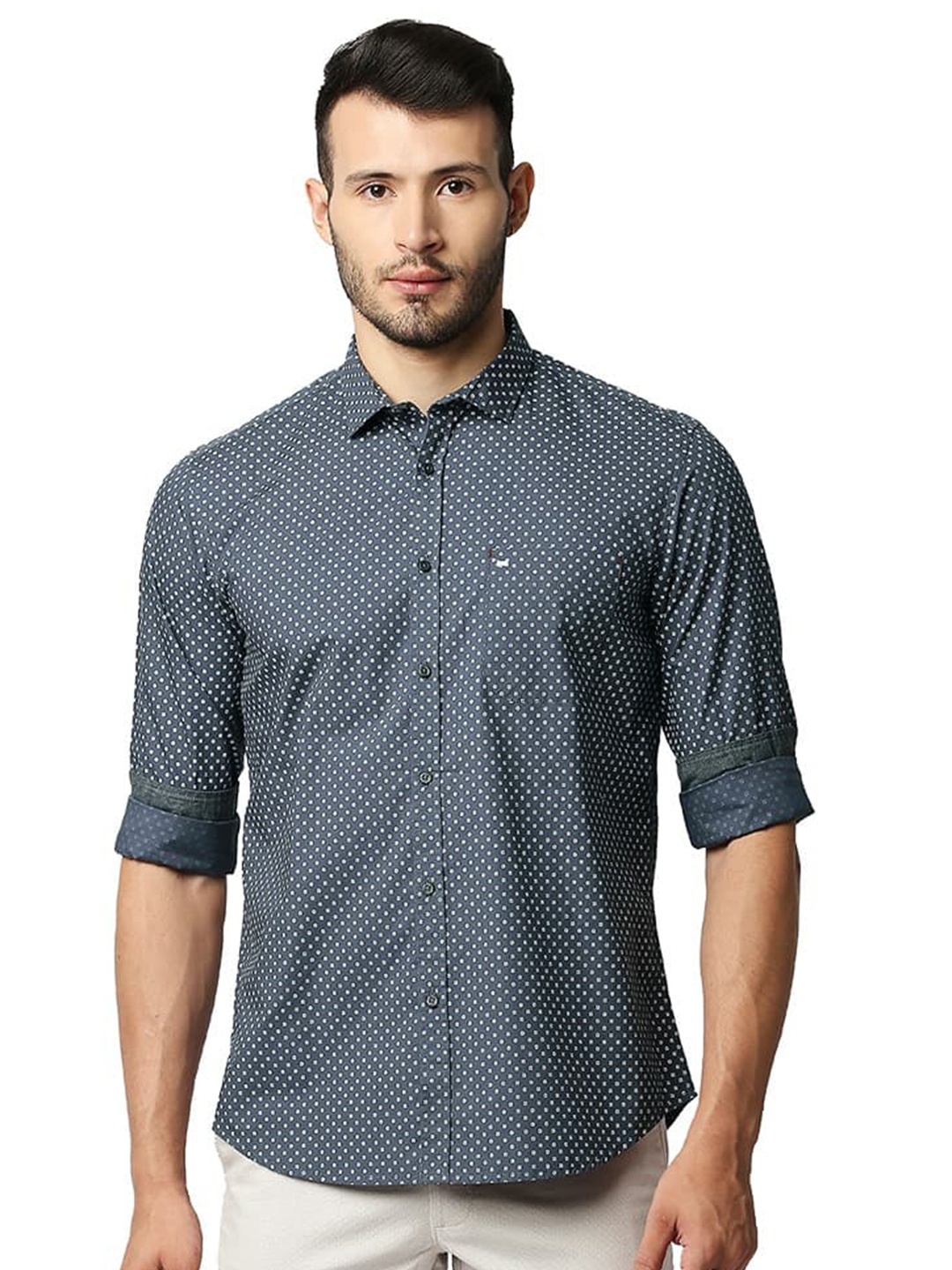 

Basics Printed Slim Fit Opaque Cotton Casual Shirt, Grey