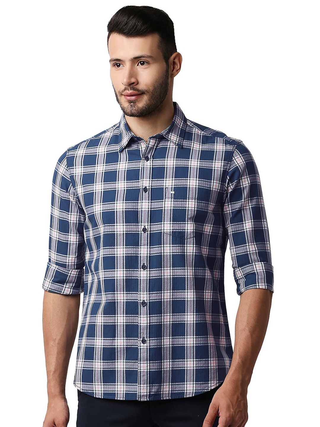 

Basics Slim Fit Opaque Cotton Herring Bone Twill Checks Shirt, Blue