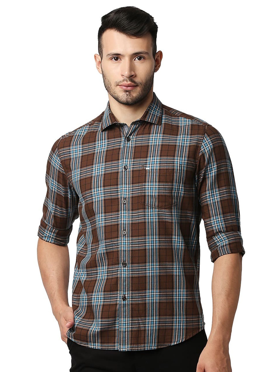 

Basics Slim Fit Tartan Checked Spread Collar Long Sleeves Cotton Casual Shirt, Brown