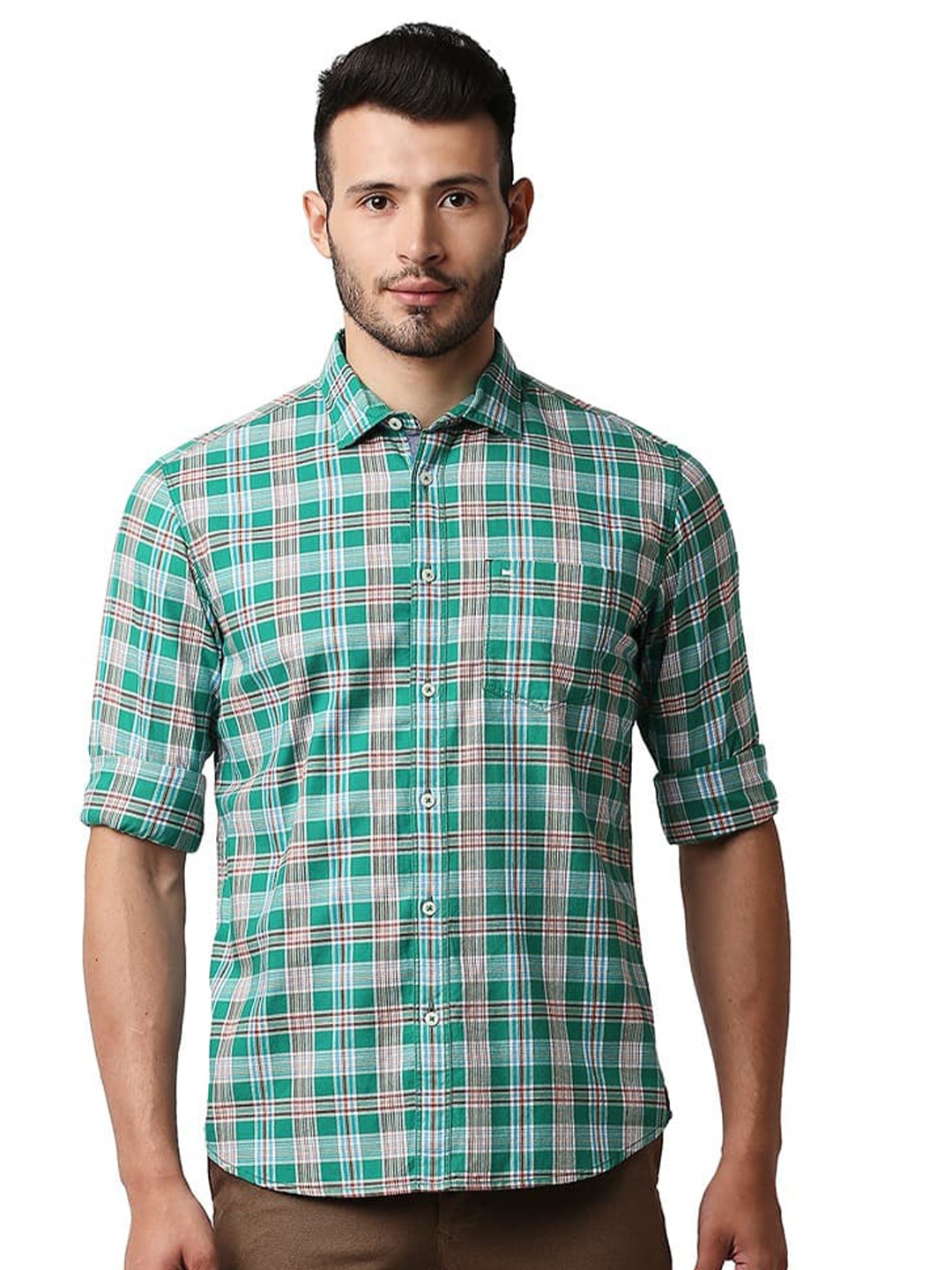 

Basics Spread Collar Slim Fit Opaque Checked Casual Shirt, Green