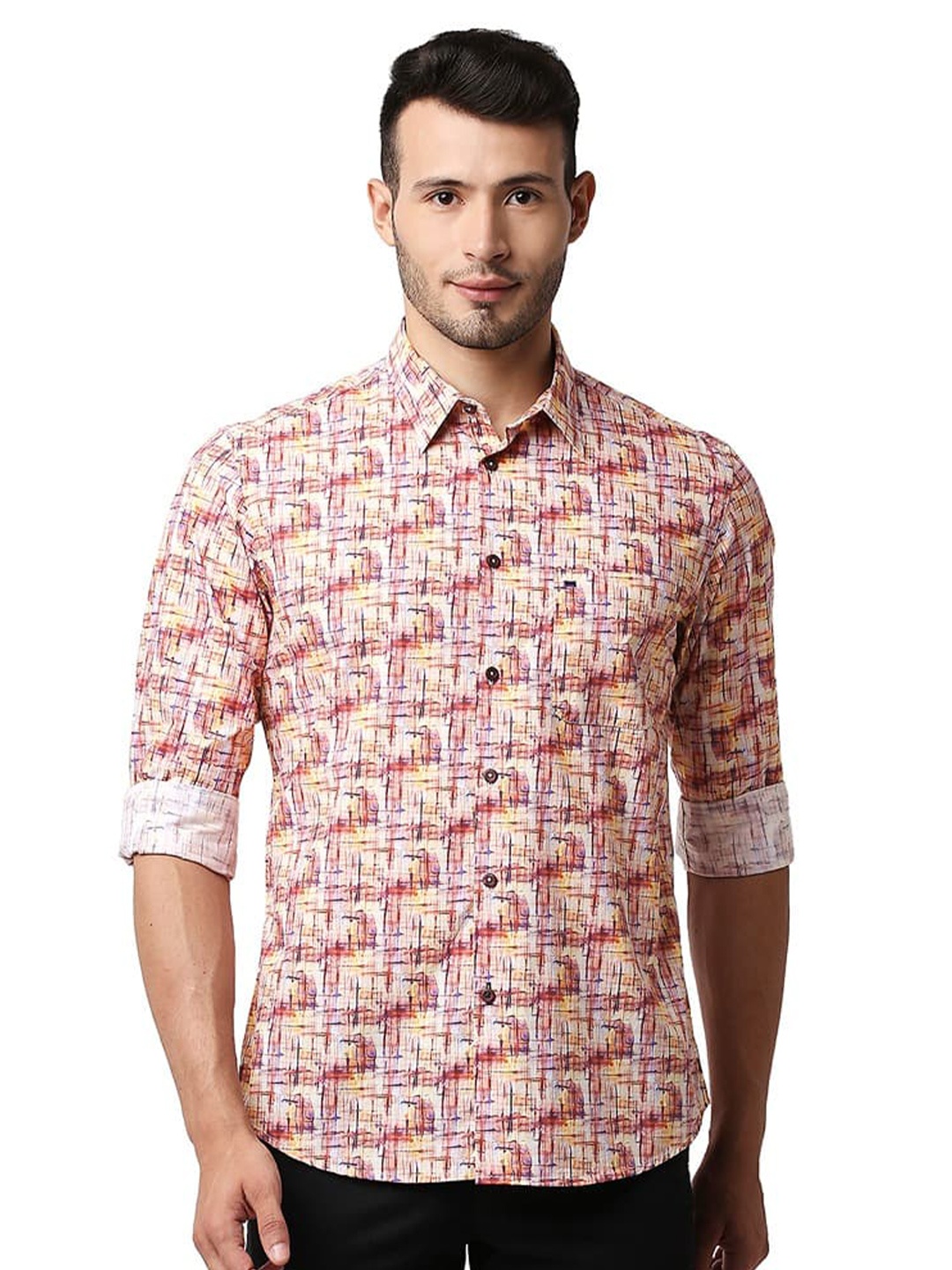 

Basics Conversational Printed Spread Collar Cotton Slim Fit Casual Shirt, Orange