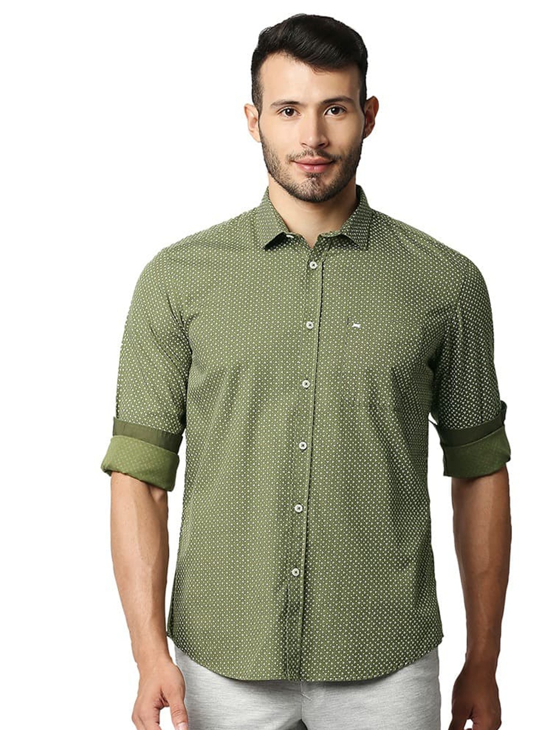 

Basics Geometric Printed Spread Collar Long Sleeves Cotton Slim Fit Casual Shirt, Green