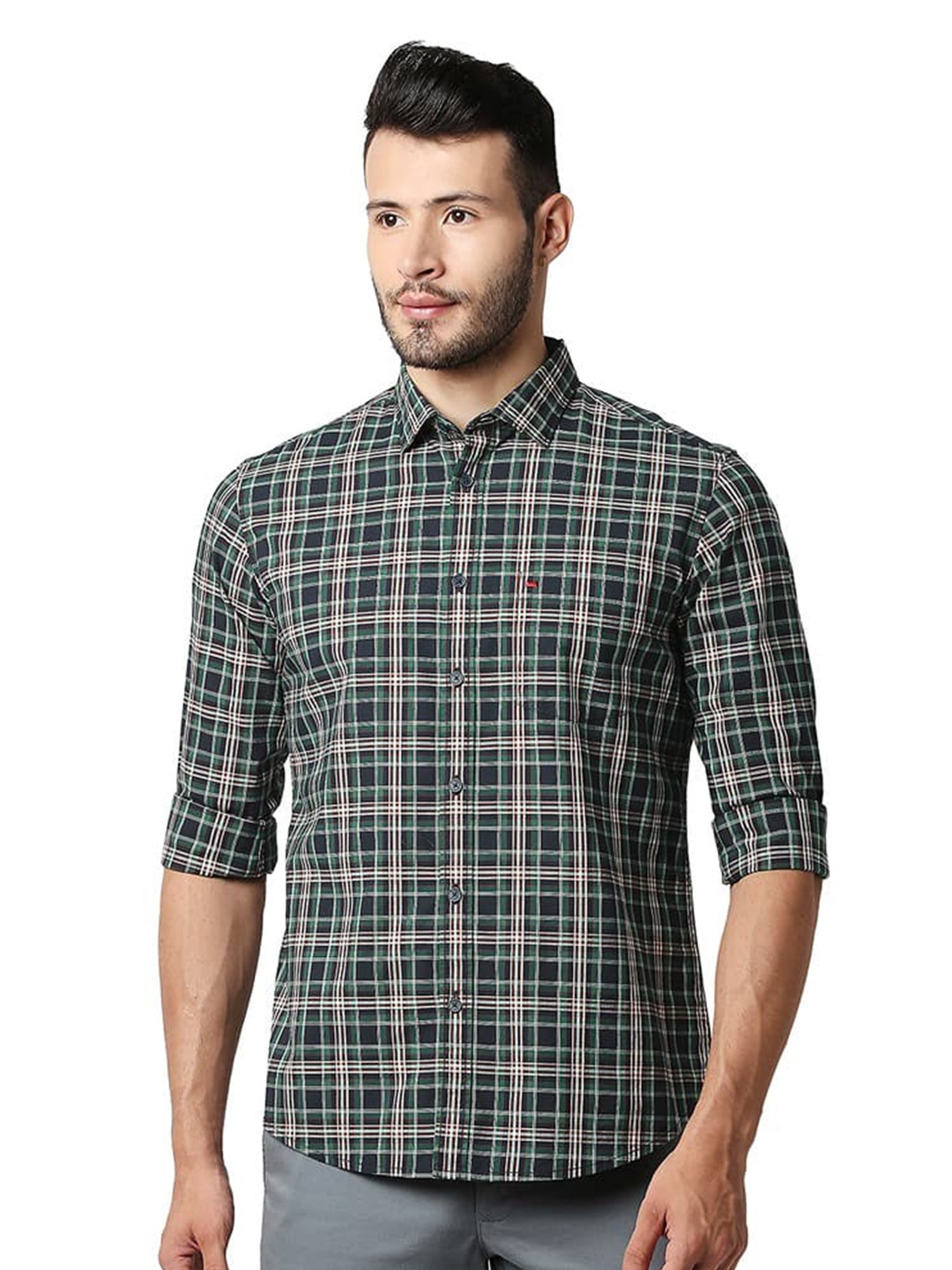 

Basics Slim Fit Tartan Checked Spread Collar Long Sleeves Cotton Casual Shirt, Green