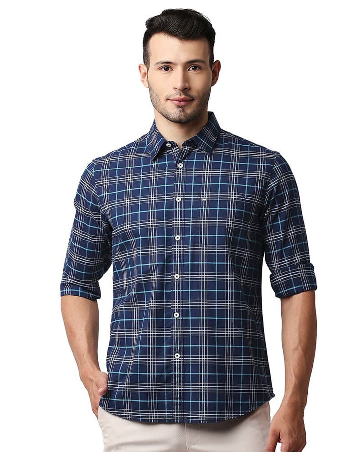 

Basics Slim Fit Tartan Checks Cotton Spread Collar Curved Casual Shirt, Blue