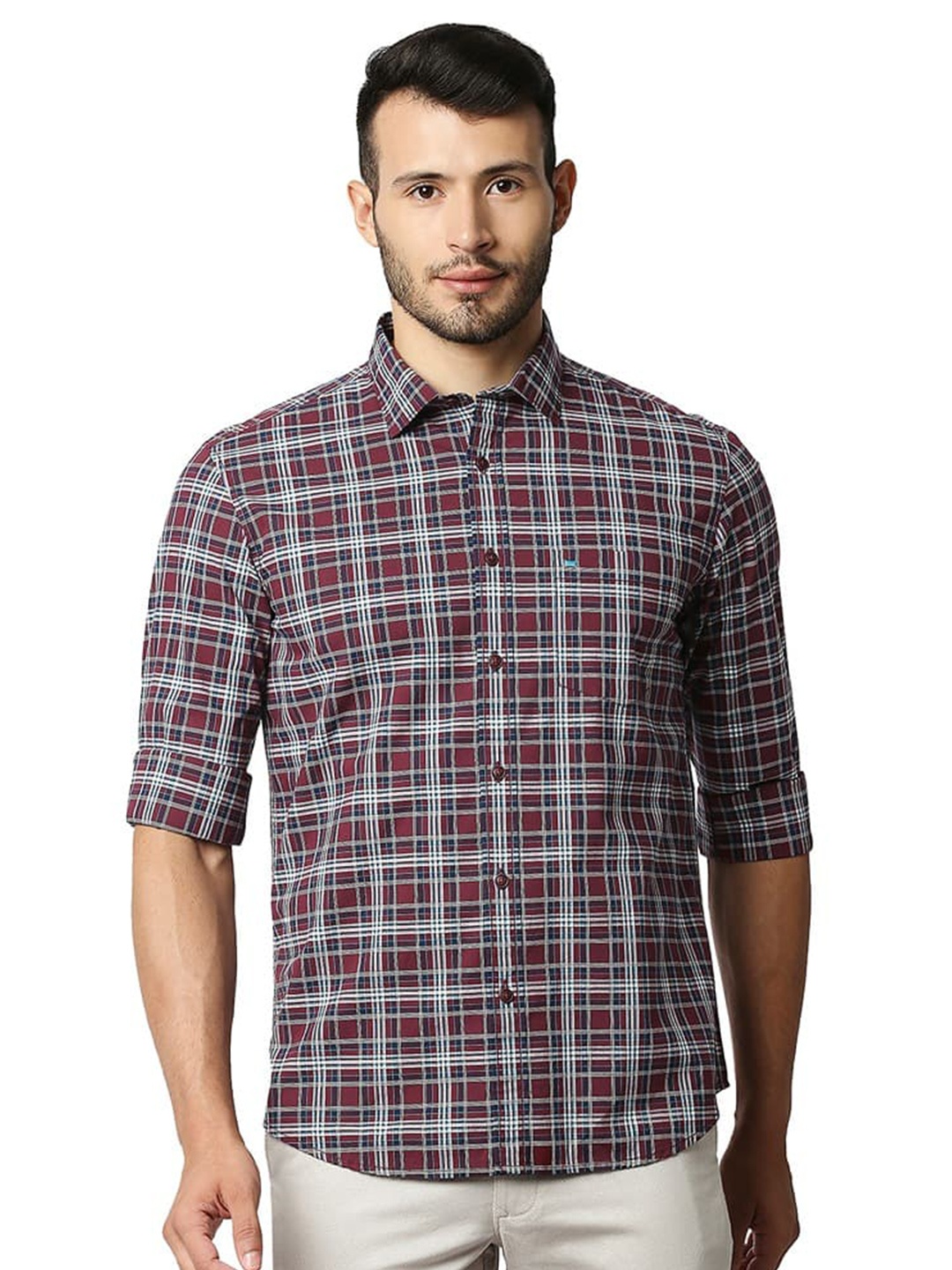 

Basics Slim Fit Tartan Checks Spread Collar Long Sleeves Cotton Casual Shirt, Maroon