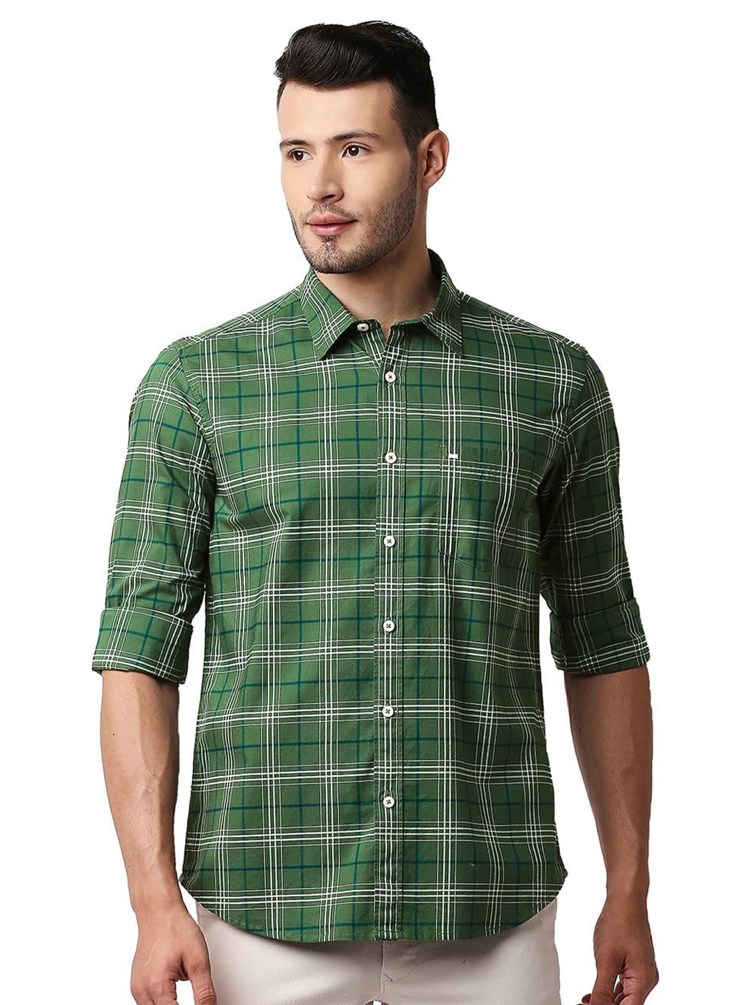 

Basics Spread Collar Slim Fit Opaque Checked Casual Shirt, Green