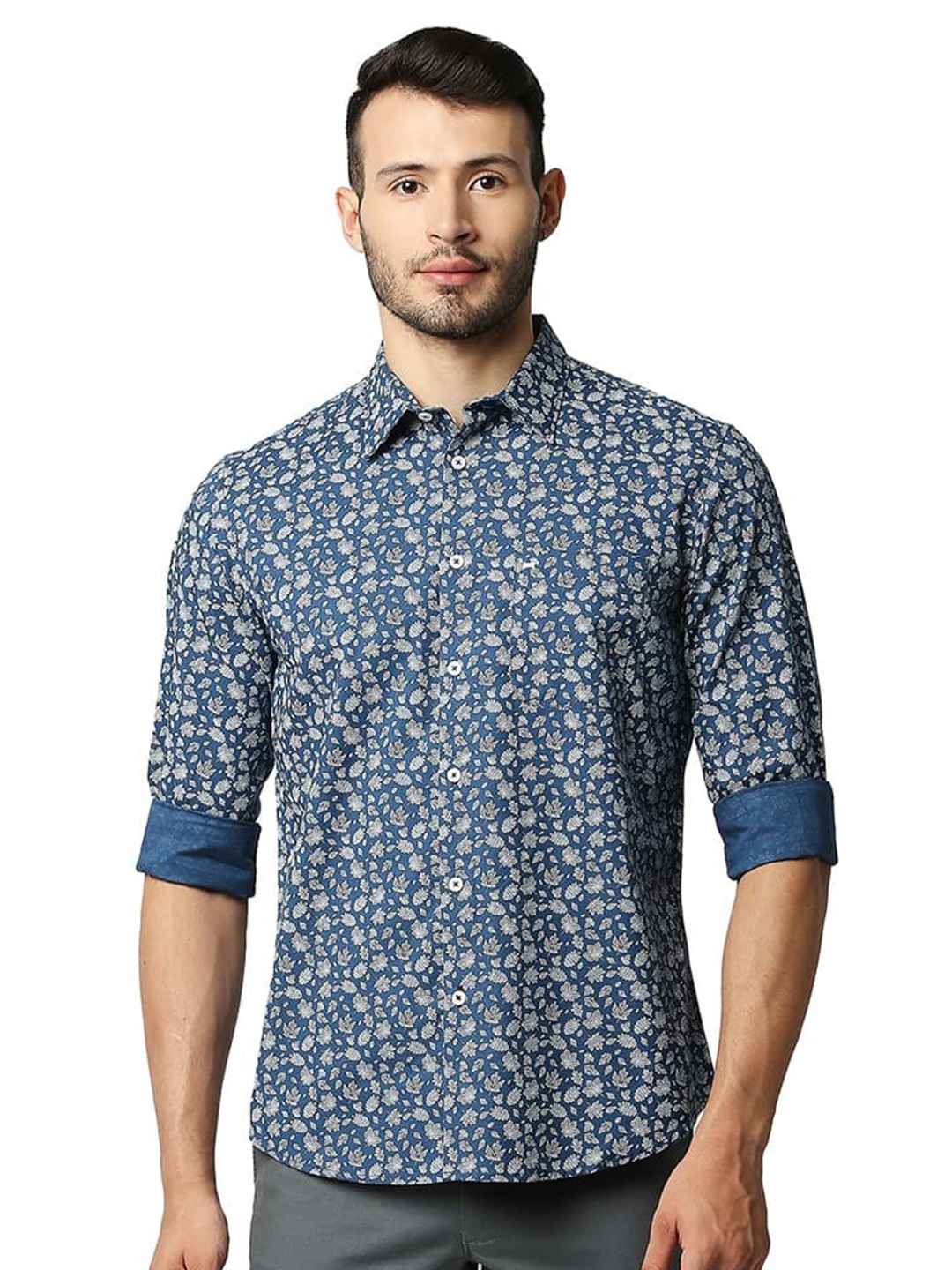 

Basics Spread Collar Slim Fit Opaque Printed Casual Shirt, Blue