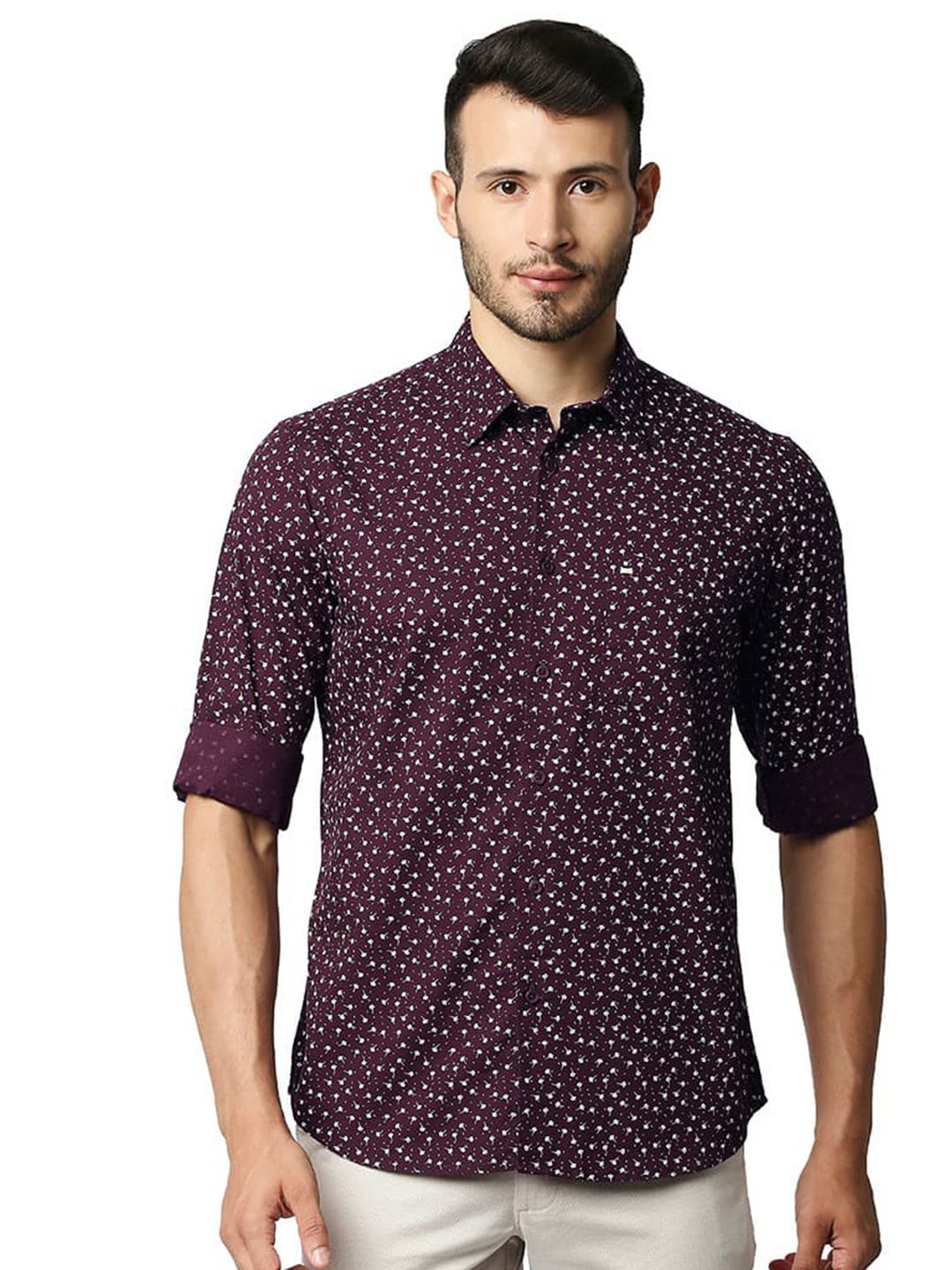 

Basics Slim Fit Cotton Slub Printed Casual Shirt, Maroon