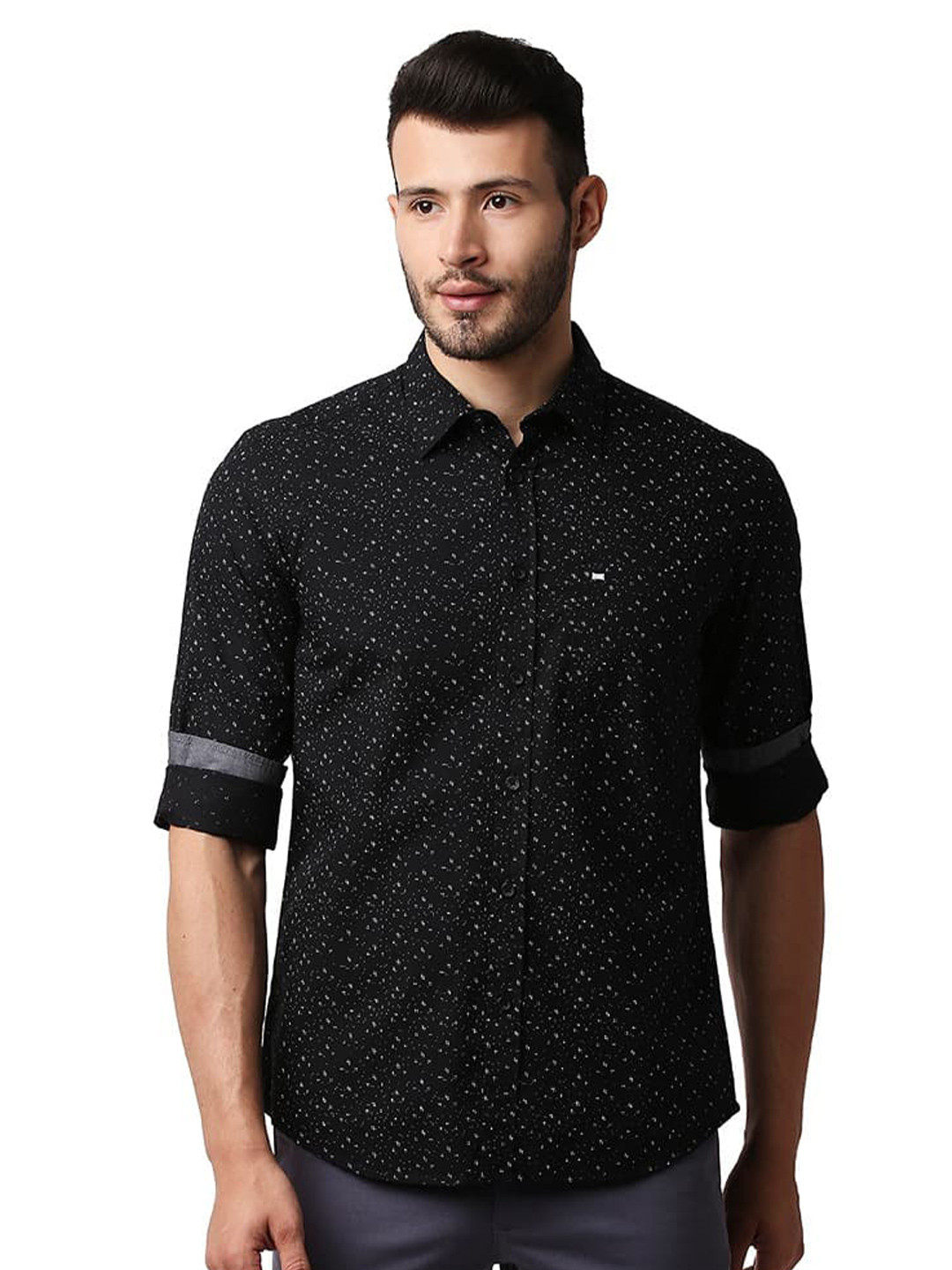 

Basics Slim Fit Cotton Starry Night Poplin Printed Casual Shirt, Black