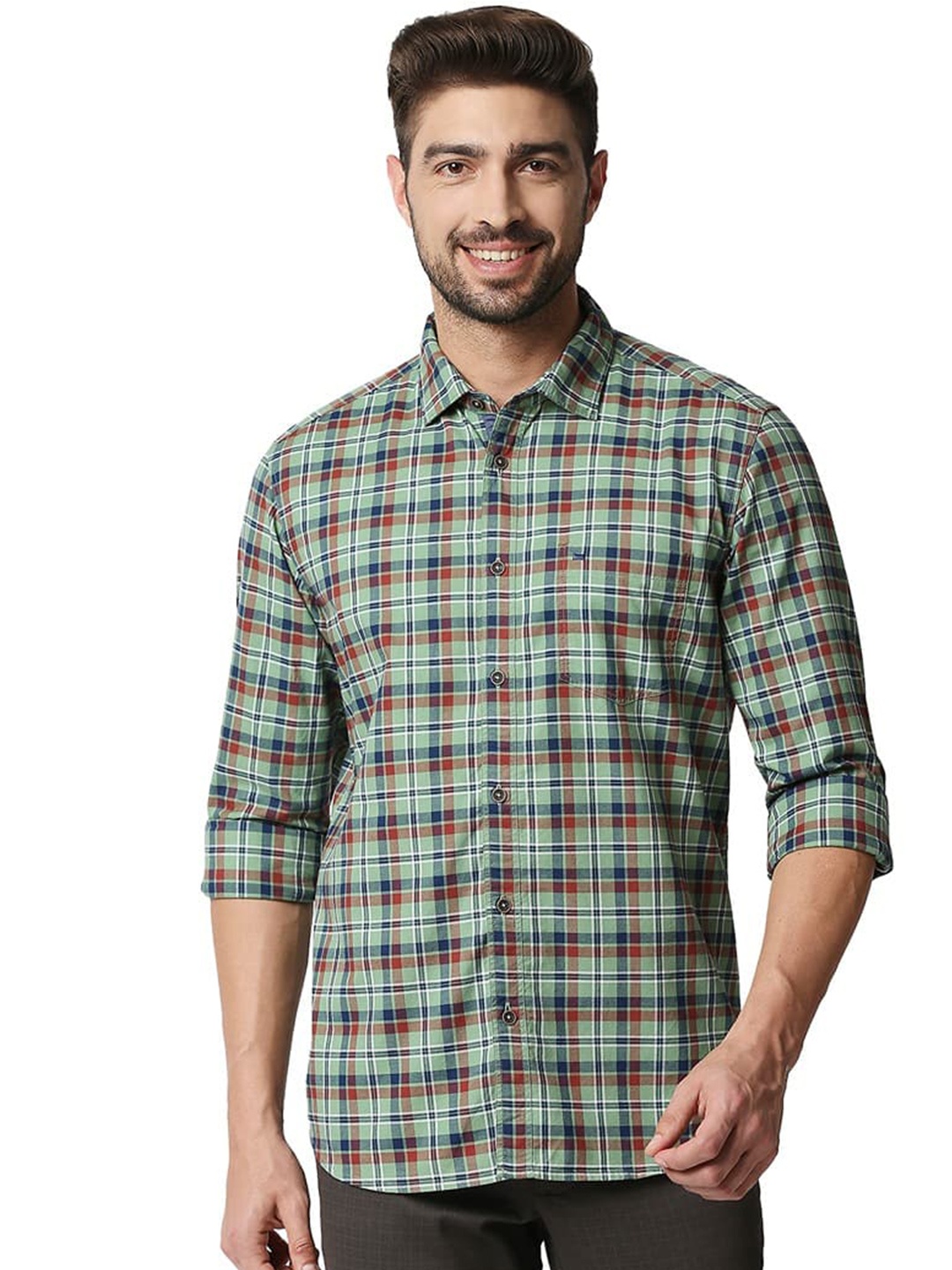 

Basics Spread Collar Slim Fit Tartan Checks Opaque Checked Casual Shirt, Green