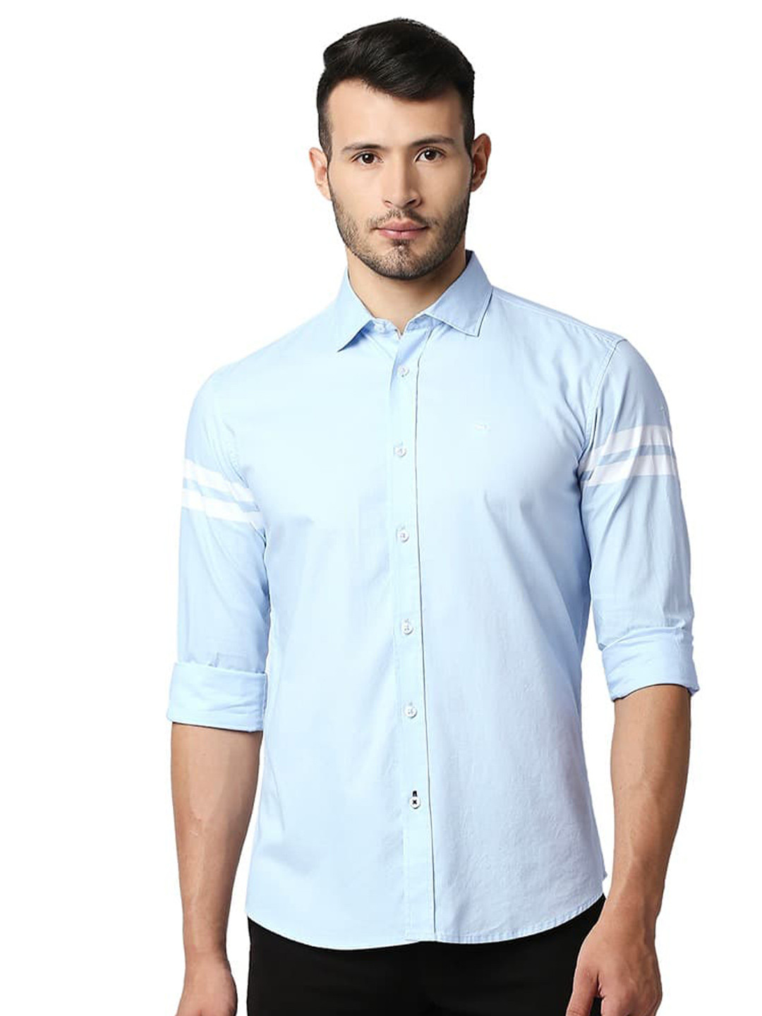 

Basics Slim Fit Spread Collar Long Sleeves Cotton Casual Shirt, Blue