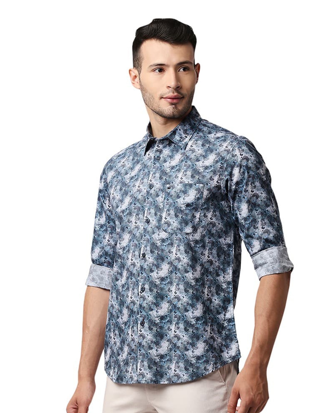 

Basics Floral Printed Long Sleeves Cotton Slim Fit Casual Shirt, Grey