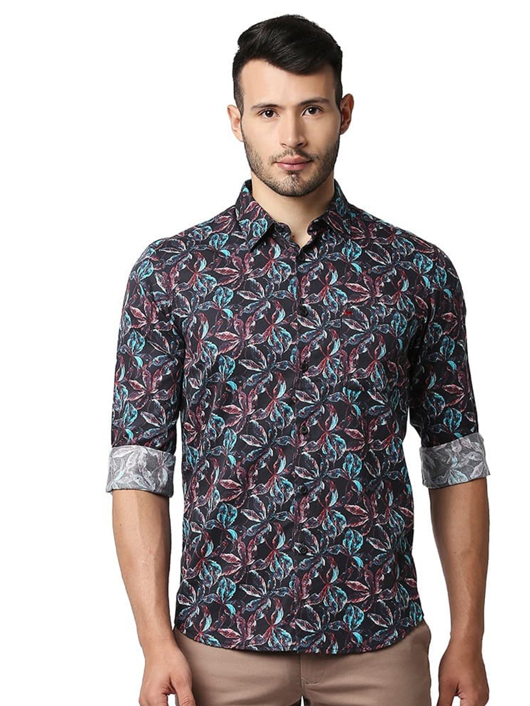 

Basics Slim Fit Floral Cotton Cranberry Digital Satin Printed Casual Shirt, Red