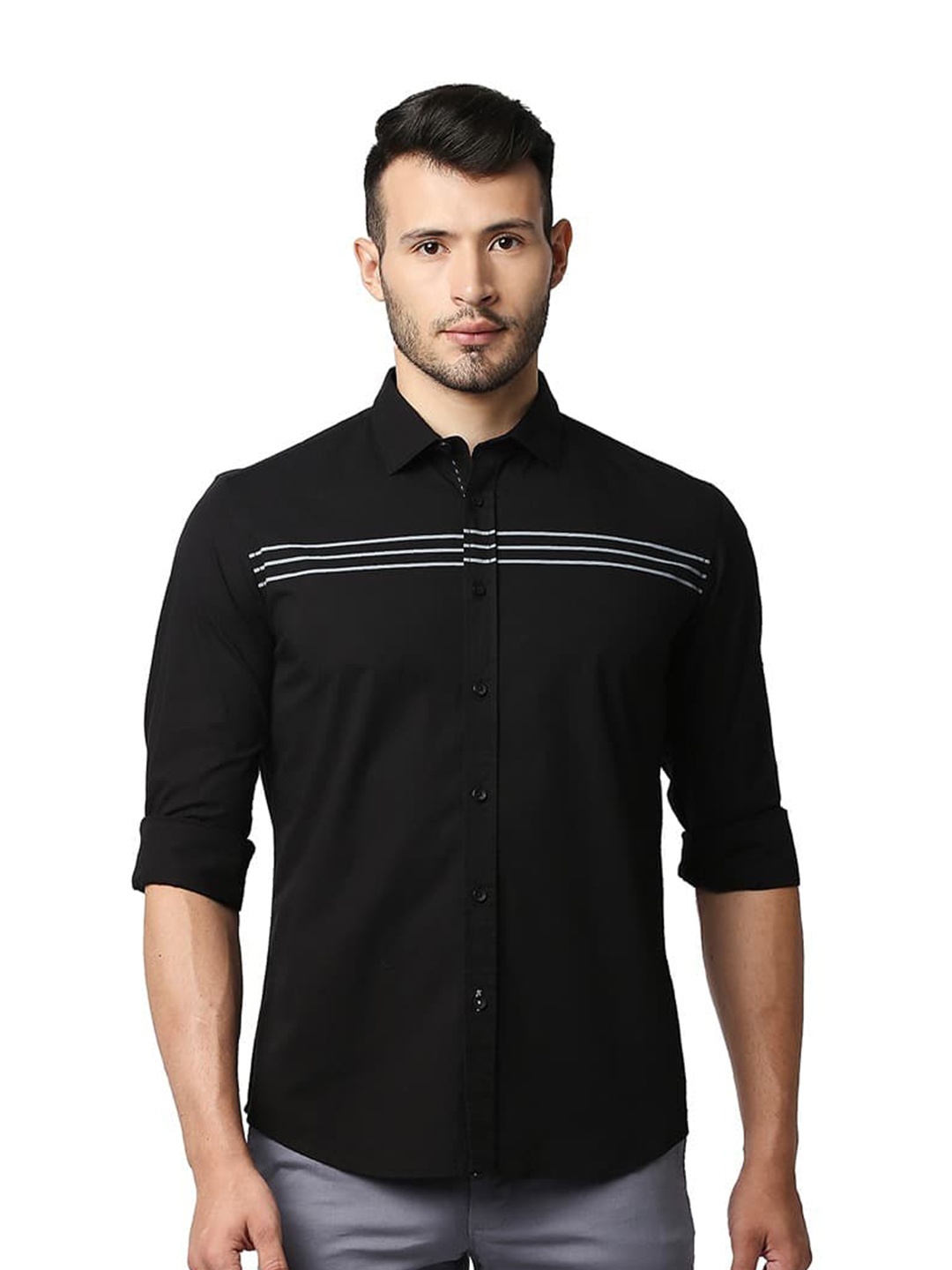 

Basics Slim Fit Opaque Cotton Casual Stretch Stripe Shirt, Black