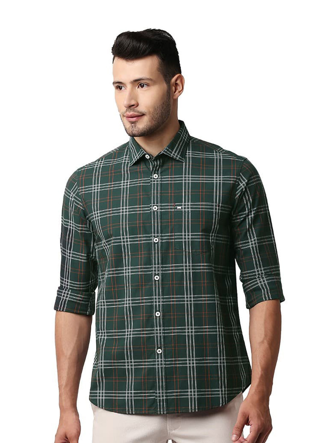 

Basics Spread Collar Slim Fit Opaque Checked Casual Shirt, Green