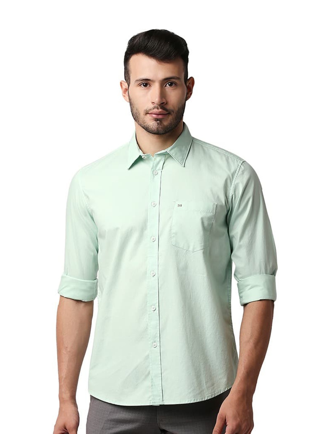 

Basics Spread Collar Long Sleeves Cotton Slim Fit Printed Casual Shirt, Green