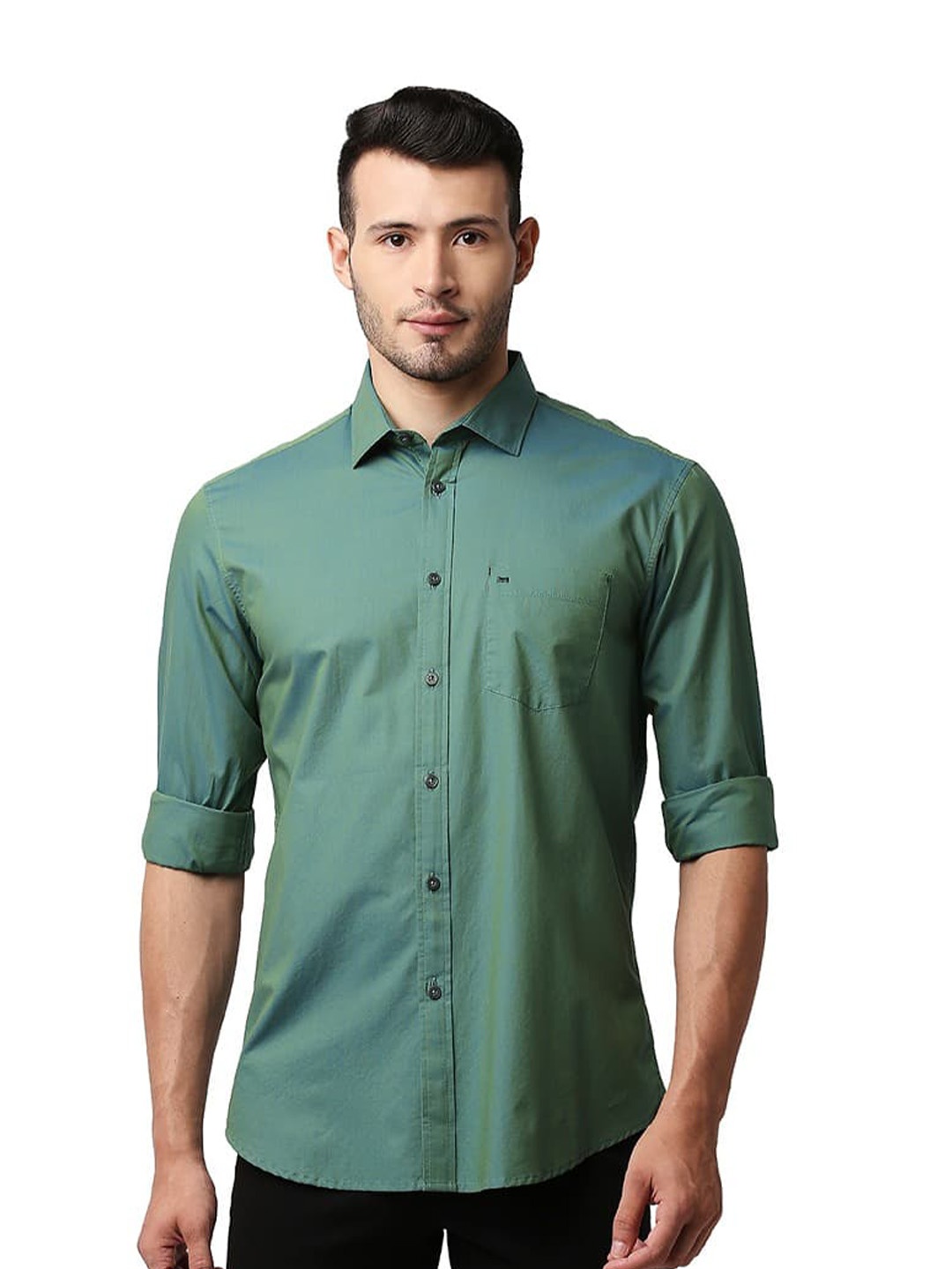 

Basics Slim Fit Spread Collar Long Sleeves Cotton Casual Shirt, Green